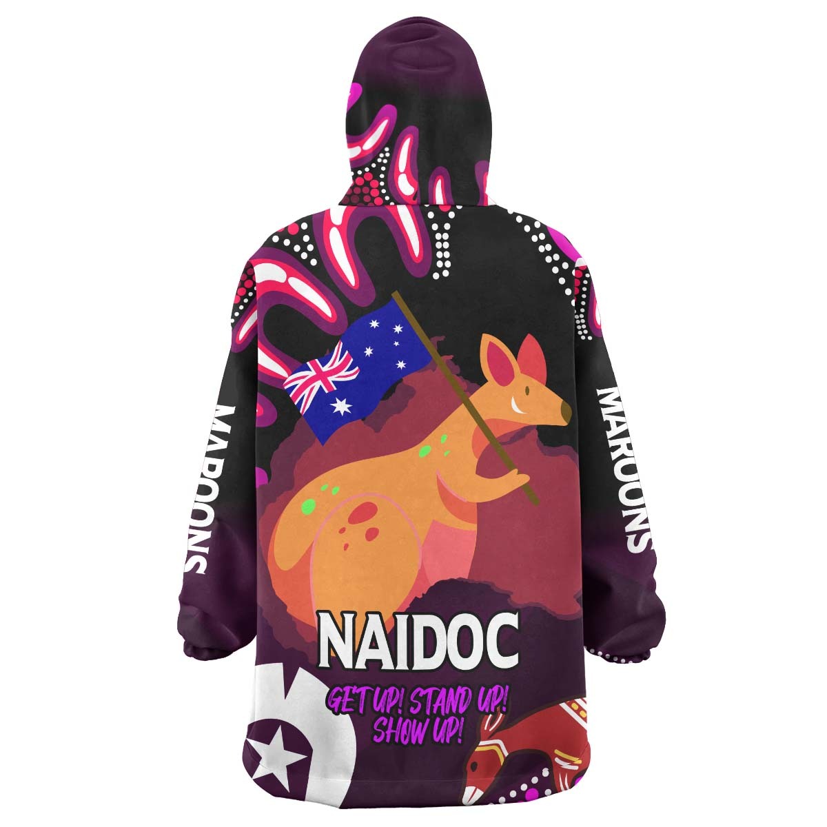 Maroons Rugby Snug Hoodie - Custom Naidoc Week ''Get up, Stand Up, Show Up'' Maroons Kangaroo With Aboriginal Patterns Wearable Blanket Hoodie RLT14 - Vibe Hoodie Shop