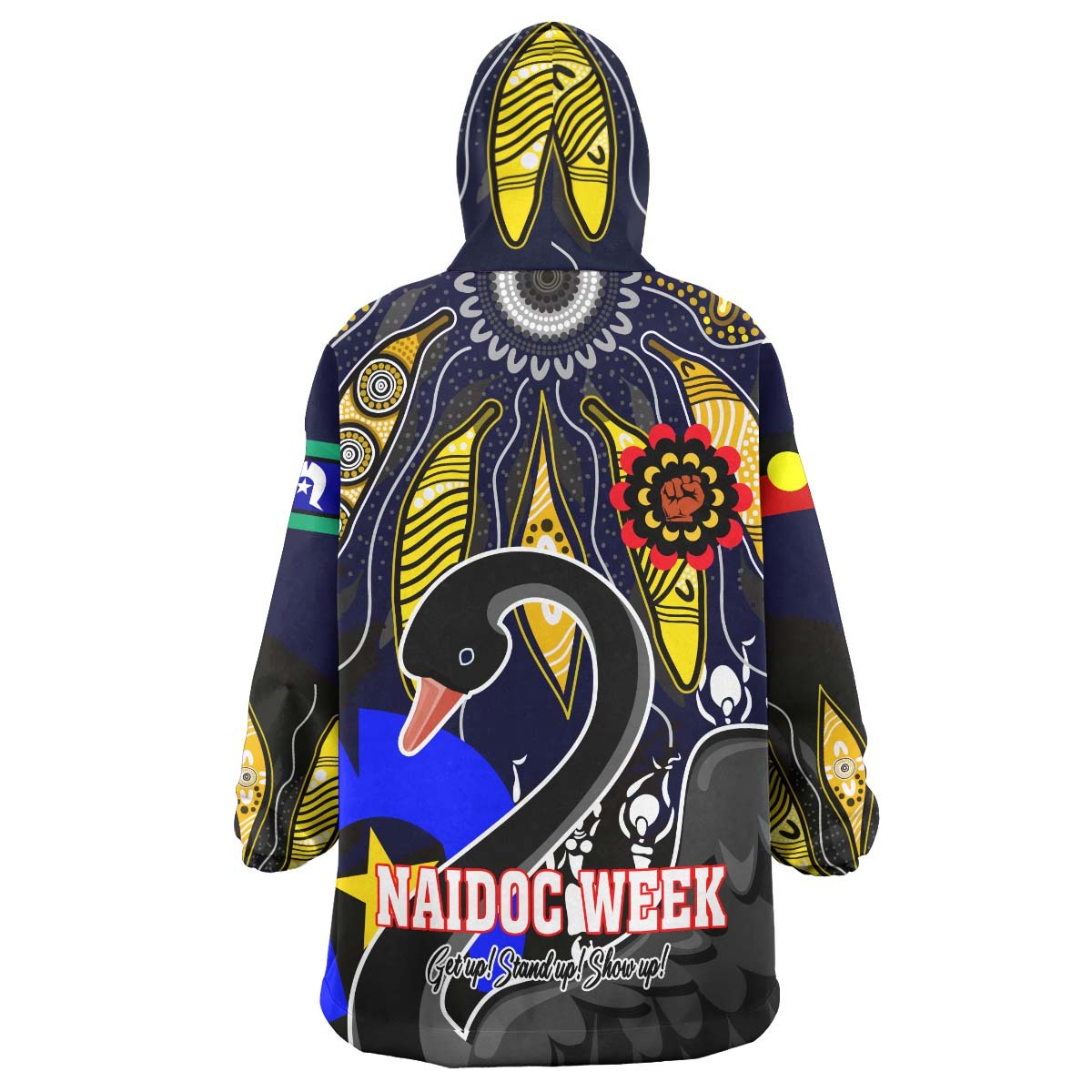 Force Rugby Snug Hoodie - Celebrate Naidoc Week "Get up! Stand up! Show up!" Black Swan With Aboriginal Patterns Wearable Blanket Hoodie RLT14 - Vibe Hoodie Shop