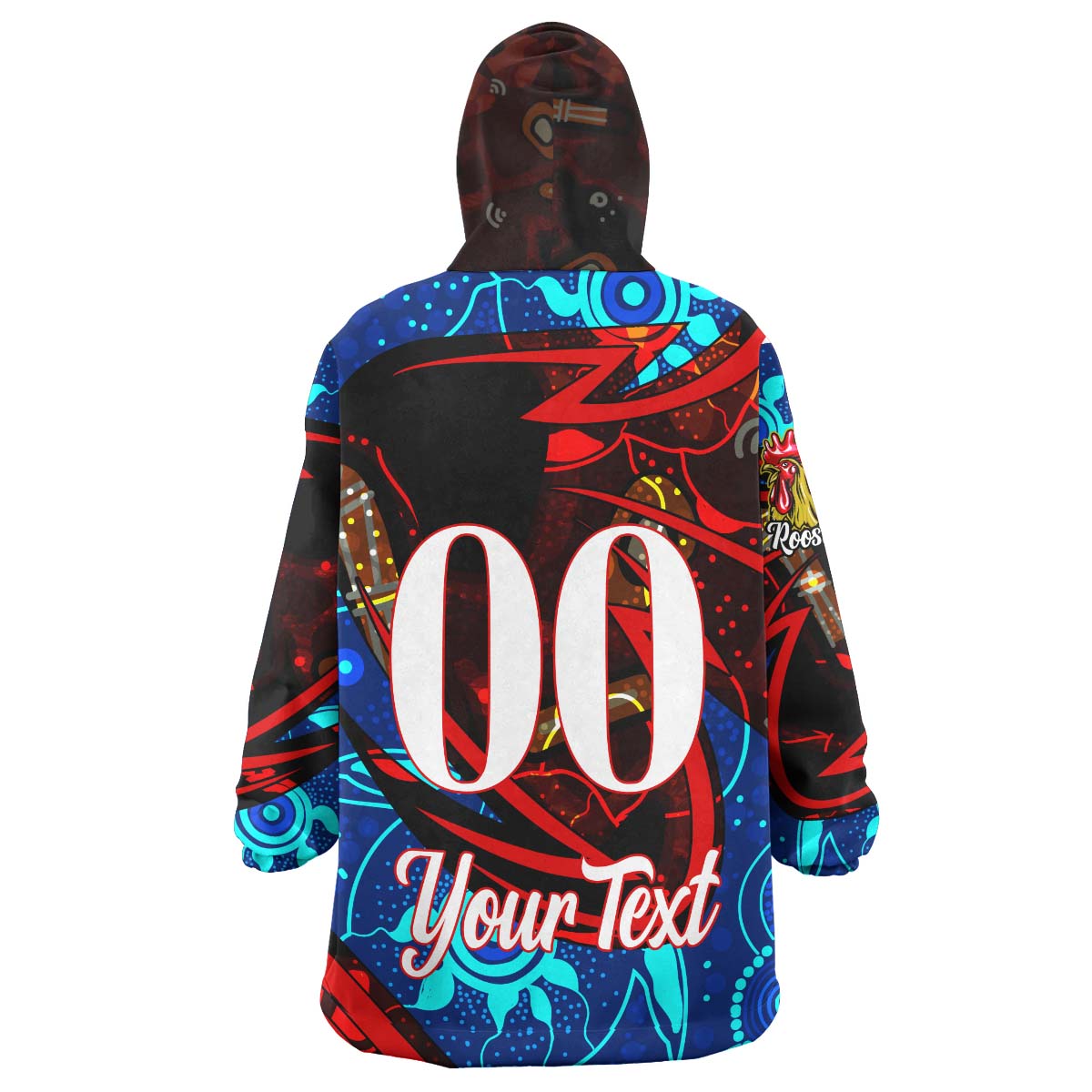 Roosters Rugby Snug Hoodie - Custom Roosters Mascot with Rugby Aboriginal Dot Painting Player And Number Wearable Blanket Hoodie - Vibe Hoodie Shop