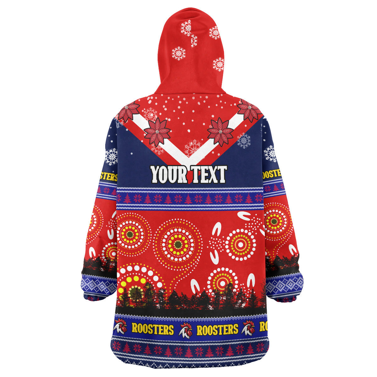 Roosters Rugby Christmas Snug Hoodie - Custom Roosters Ugly Christmas And Aboriginal Patterns Wearable Blanket Hoodie - Vibe Hoodie Shop