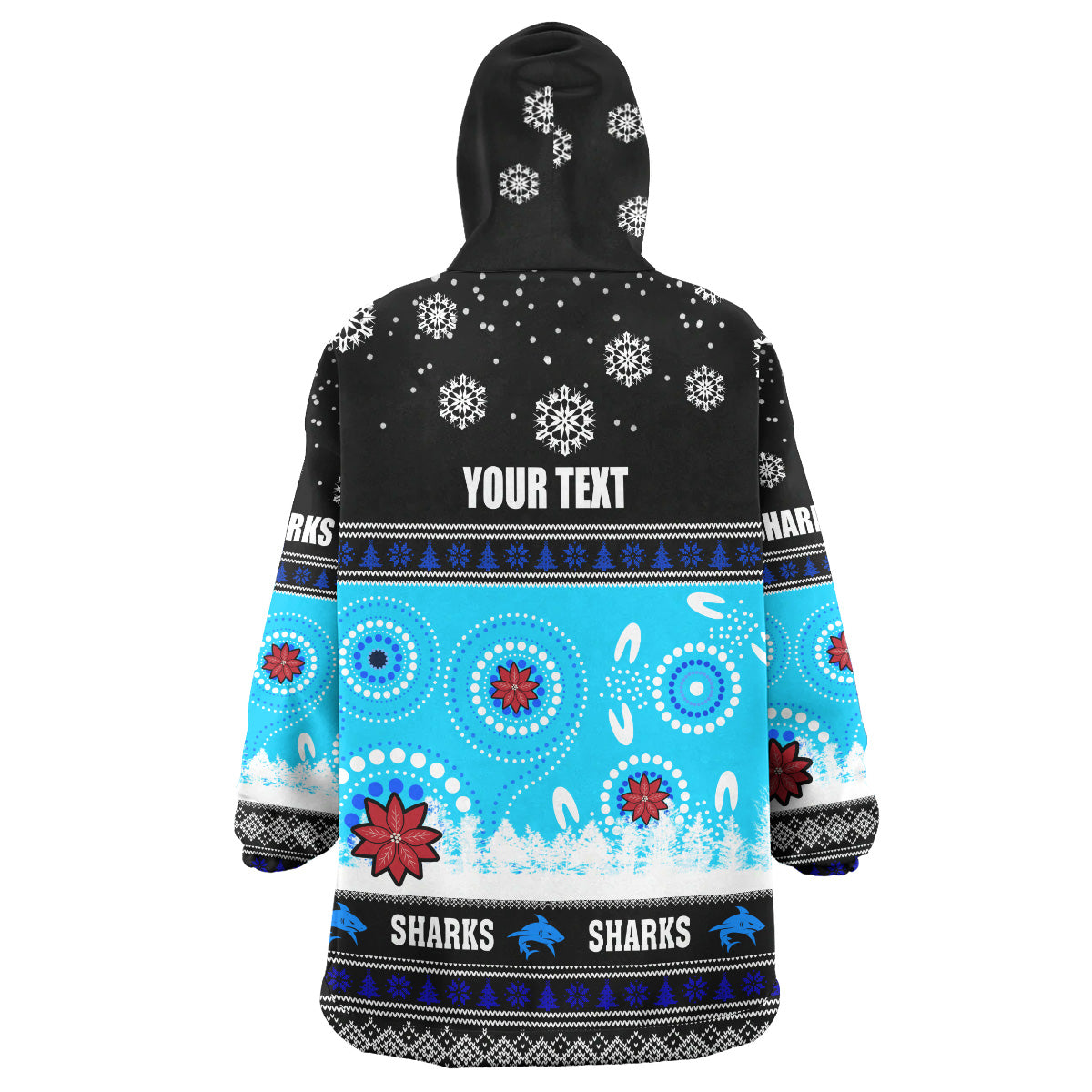 Sharks Rugby Christmas Snug Hoodie - Custom Sharks Ugly Christmas And Aboriginal Patterns Wearable Blanket Hoodie - Vibe Hoodie Shop