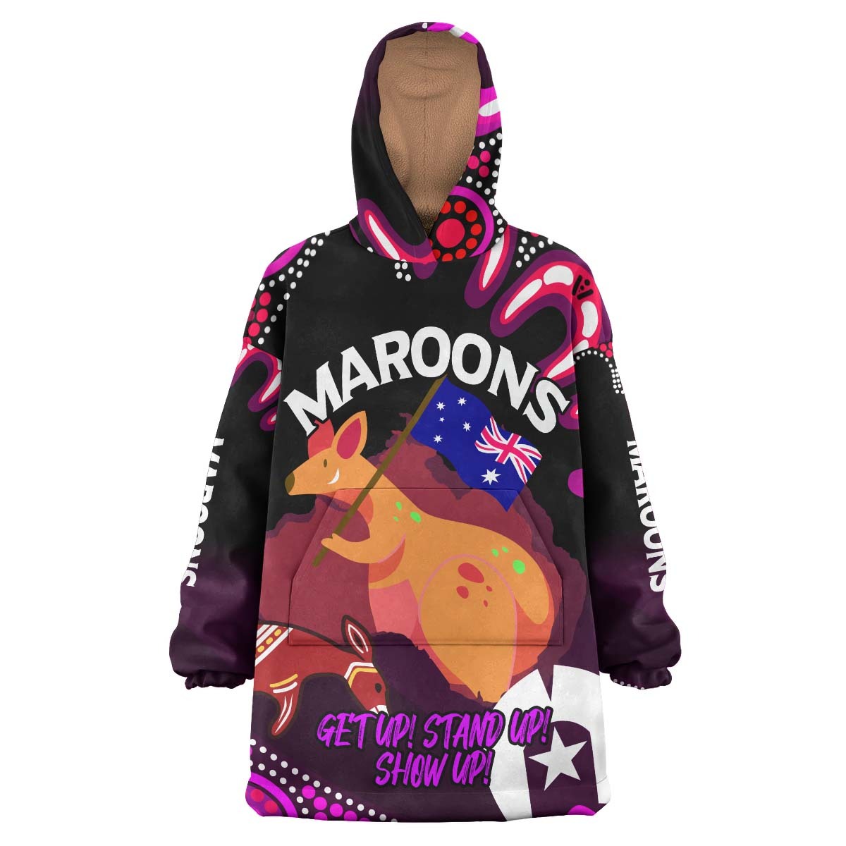 Maroons Rugby Snug Hoodie - Custom Naidoc Week ''Get up, Stand Up, Show Up'' Maroons Kangaroo With Aboriginal Patterns Wearable Blanket Hoodie RLT14 - Vibe Hoodie Shop