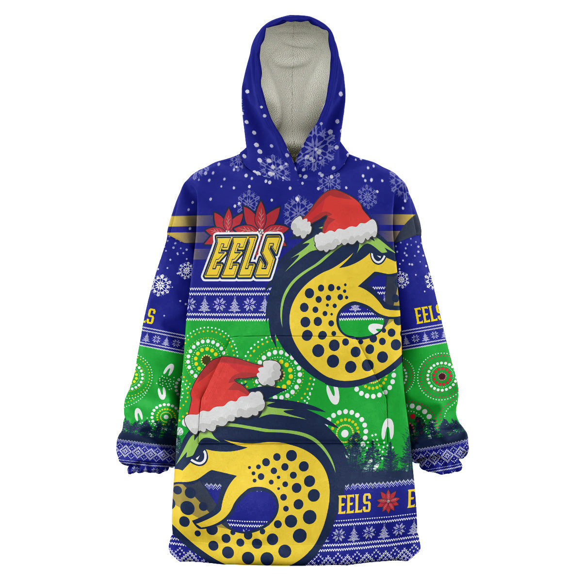 Eels Rugby Christmas Snug Hoodie - Custom Eels Ugly Christmas And Aboriginal Patterns Wearable Blanket Hoodie - Vibe Hoodie Shop