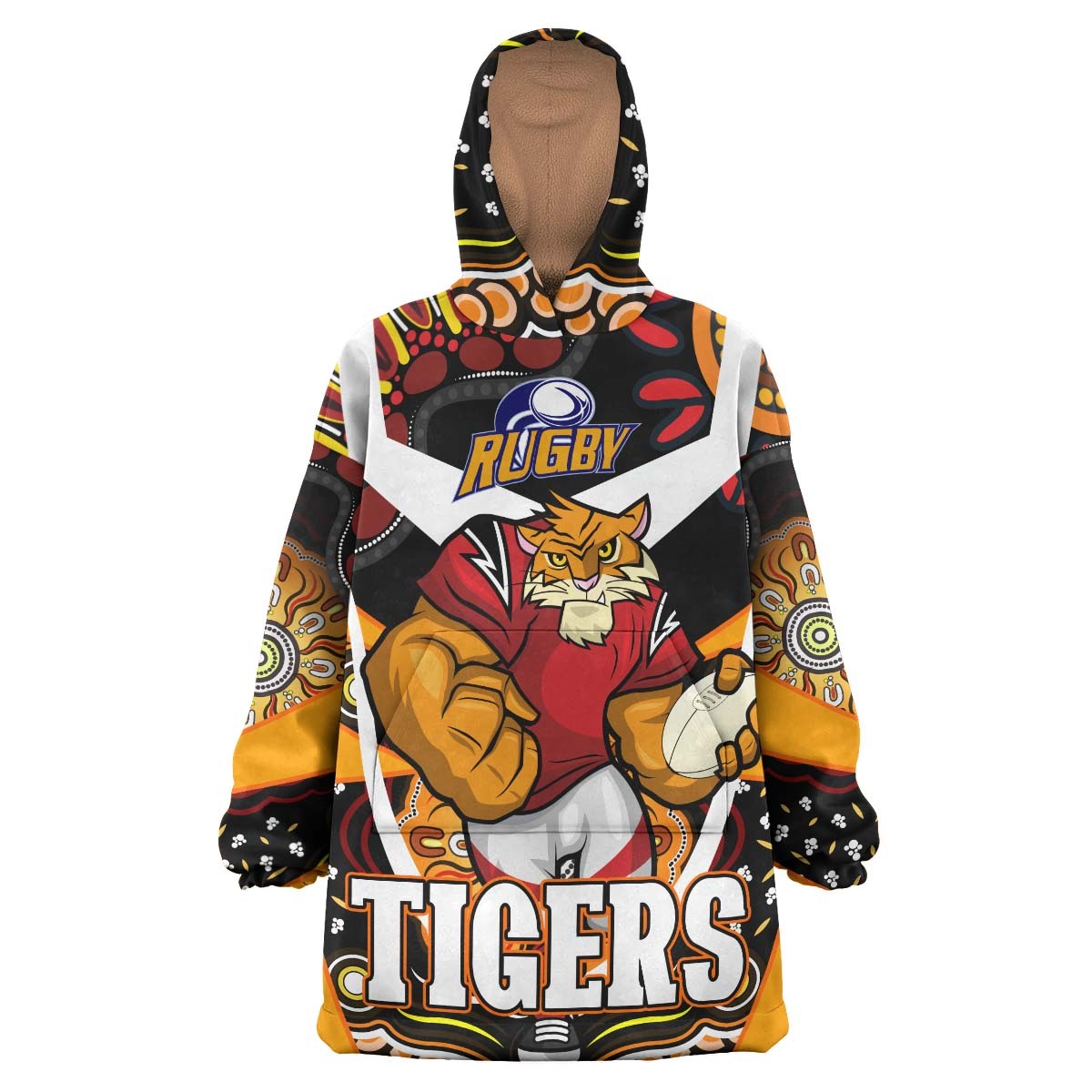 Tigers Rugby Snug Hoodie - Custom Tigers Rugby Ball with Aboriginal Dot Painting Art Player And Number Wearable Blanket Hoodie RLT14 - Vibe Hoodie Shop