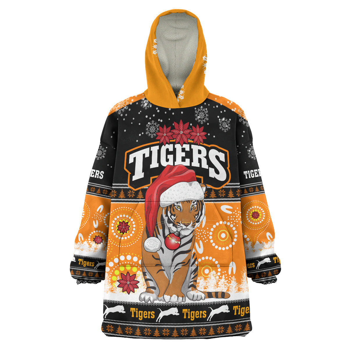 Tigers Rugby Christmas Snug Hoodie - Custom Tigers Ugly Christmas And Aboriginal Patterns Wearable Blanket Hoodie - Vibe Hoodie Shop