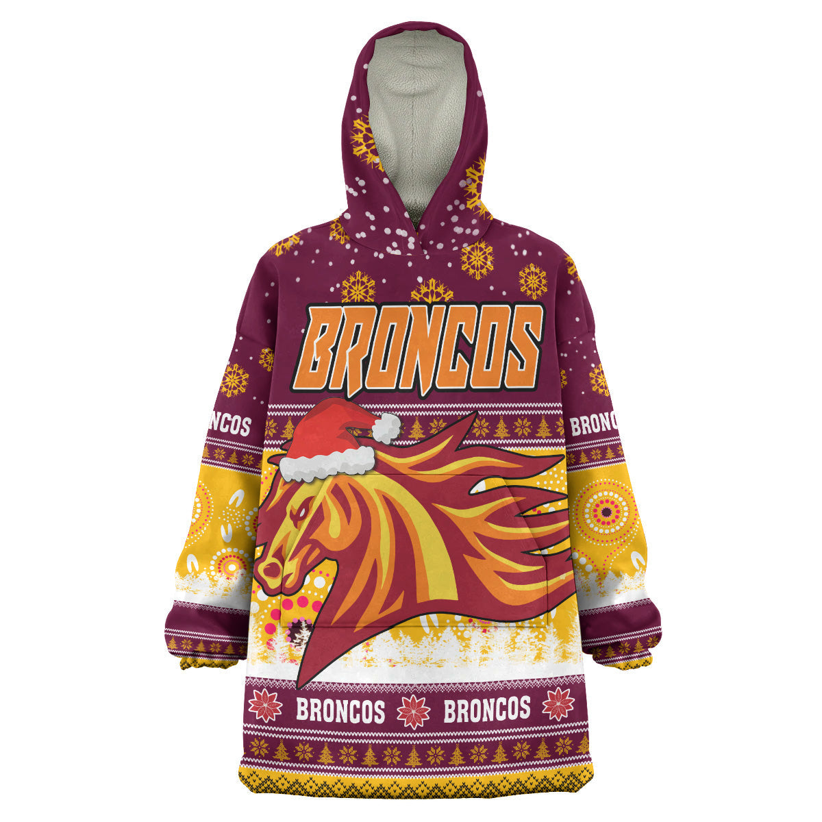 Broncos Rugby Christmas Snug Hoodie - Custom Broncos Ugly Christmas And Aboriginal Patterns Wearable Blanket Hoodie - Vibe Hoodie Shop