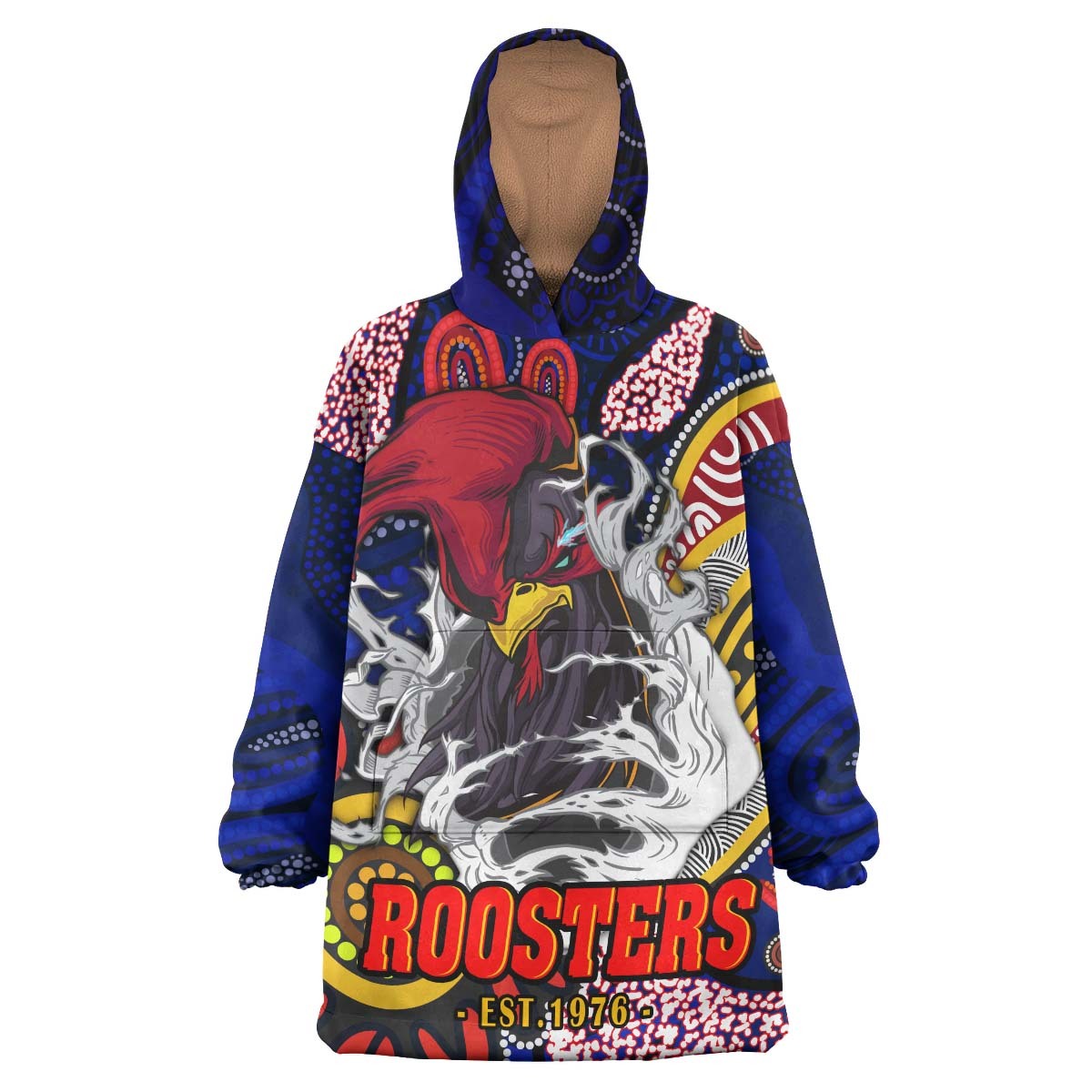 Roosters Rugby Snug Hoodie - Custom Angry Rooster Rugby with Aboriginal Indigenous Dot Painting Style Wearable Blanket Hoodie RLT14 - Vibe Hoodie Shop