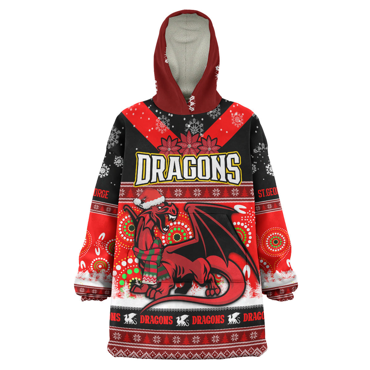 St.George Rugby Christmas Snug Hoodie - Custom Dragons Ugly Christmas And Aboriginal Patterns Wearable Blanket Hoodie - Vibe Hoodie Shop