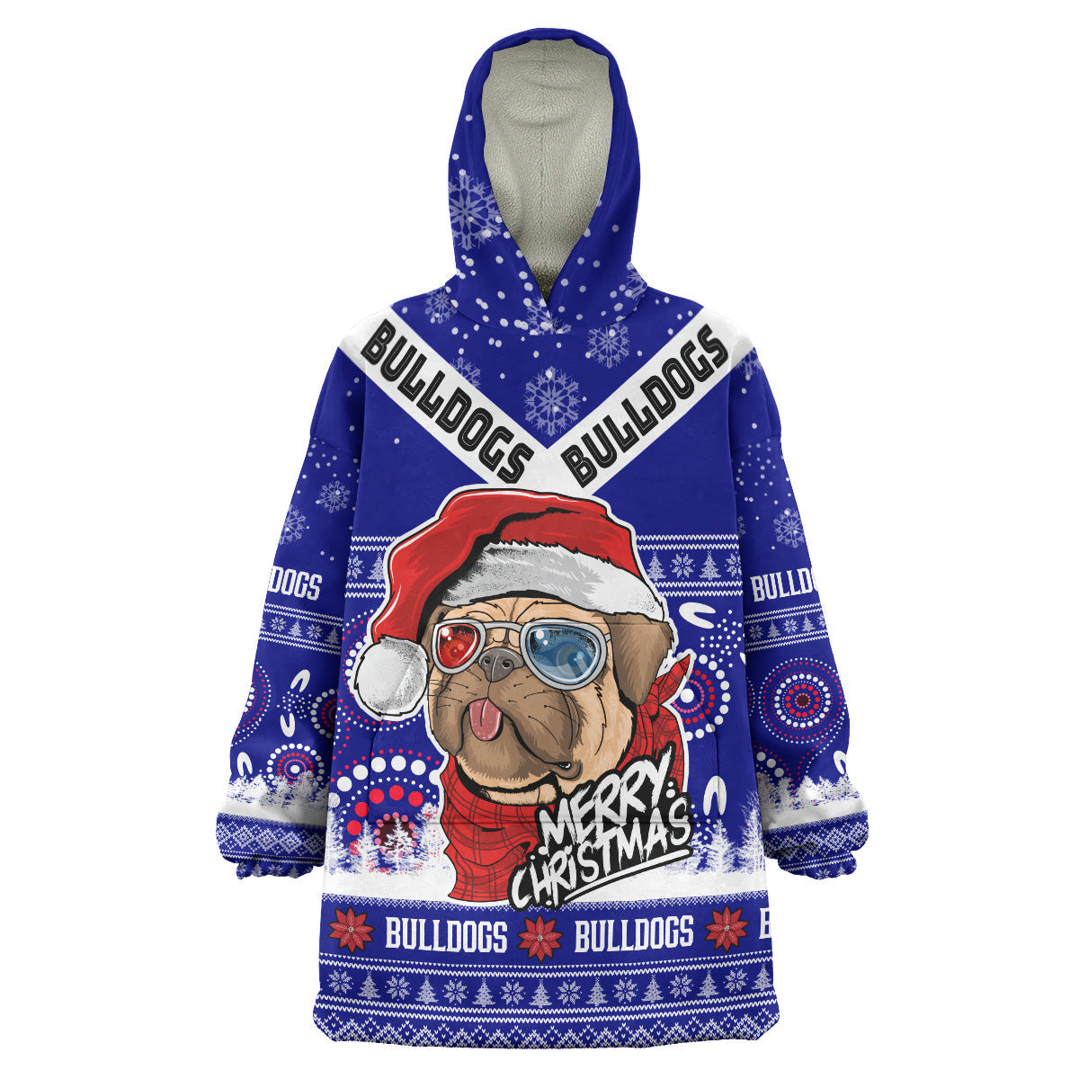 Bulldogs Rugby Christmas Snug Hoodie - Custom Bulldogs Ugly Christmas And Aboriginal Patterns Wearable Blanket Hoodie - Vibe Hoodie Shop