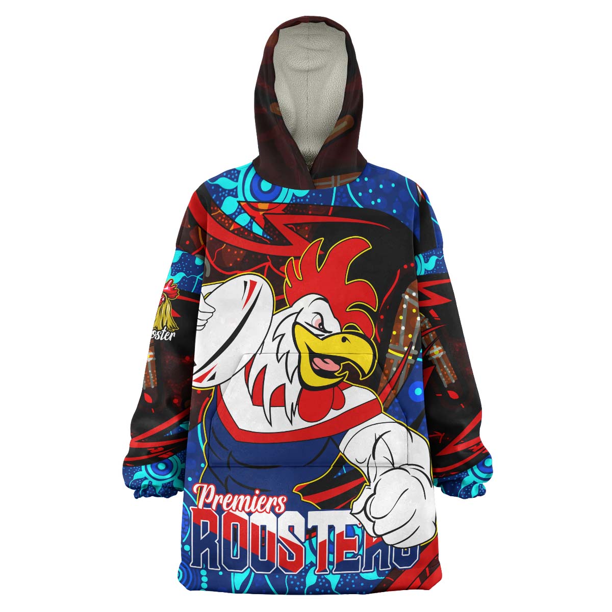 Roosters Rugby Snug Hoodie - Custom Roosters Mascot with Rugby Aboriginal Dot Painting Player And Number Wearable Blanket Hoodie - Vibe Hoodie Shop