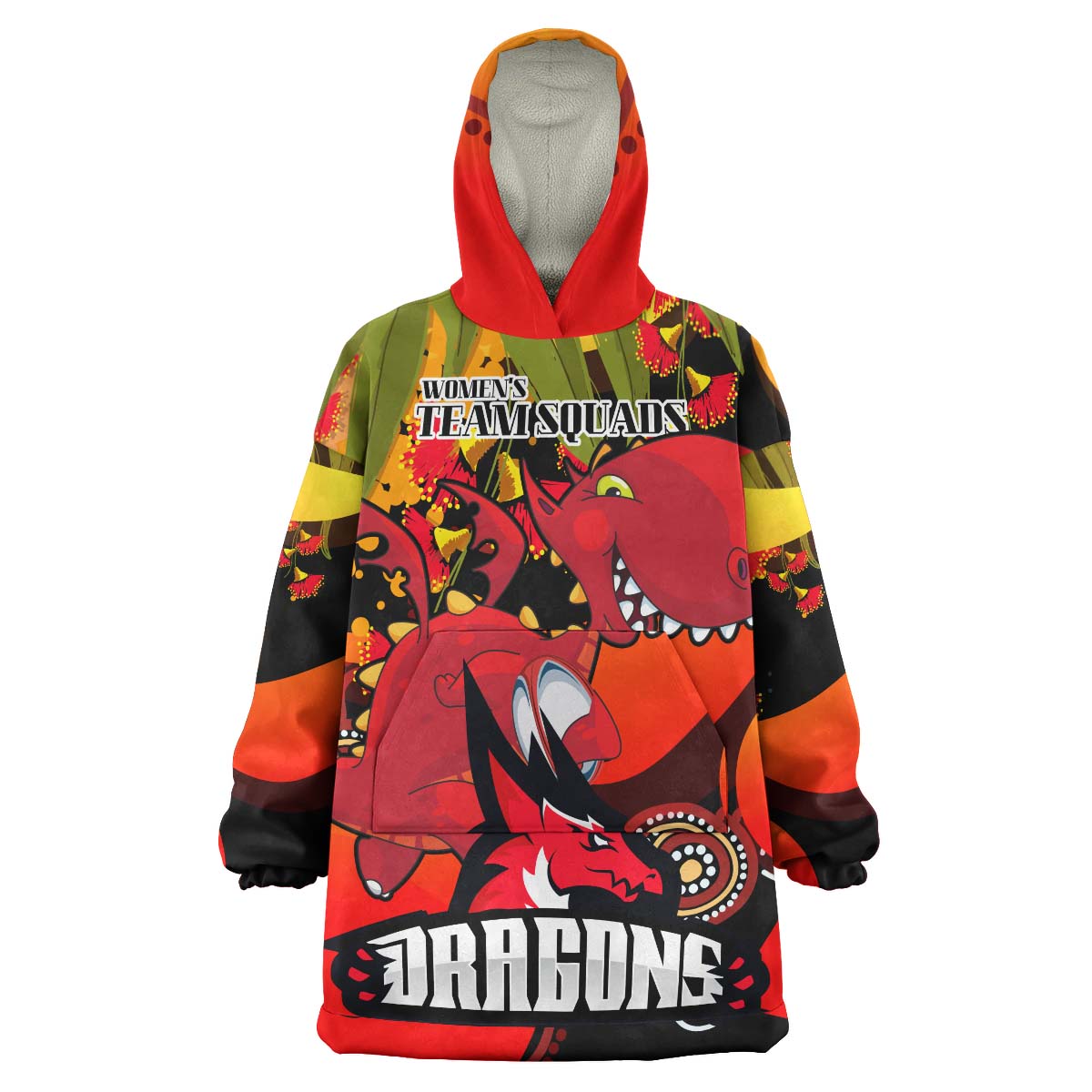 NRLW St.George Rugby Snug Hoodie - Custom Cute Dragons with Aboriginal Dot Painting Style Player And Number Woman Wearable Blanket Hoodie - Vibe Hoodie Shop
