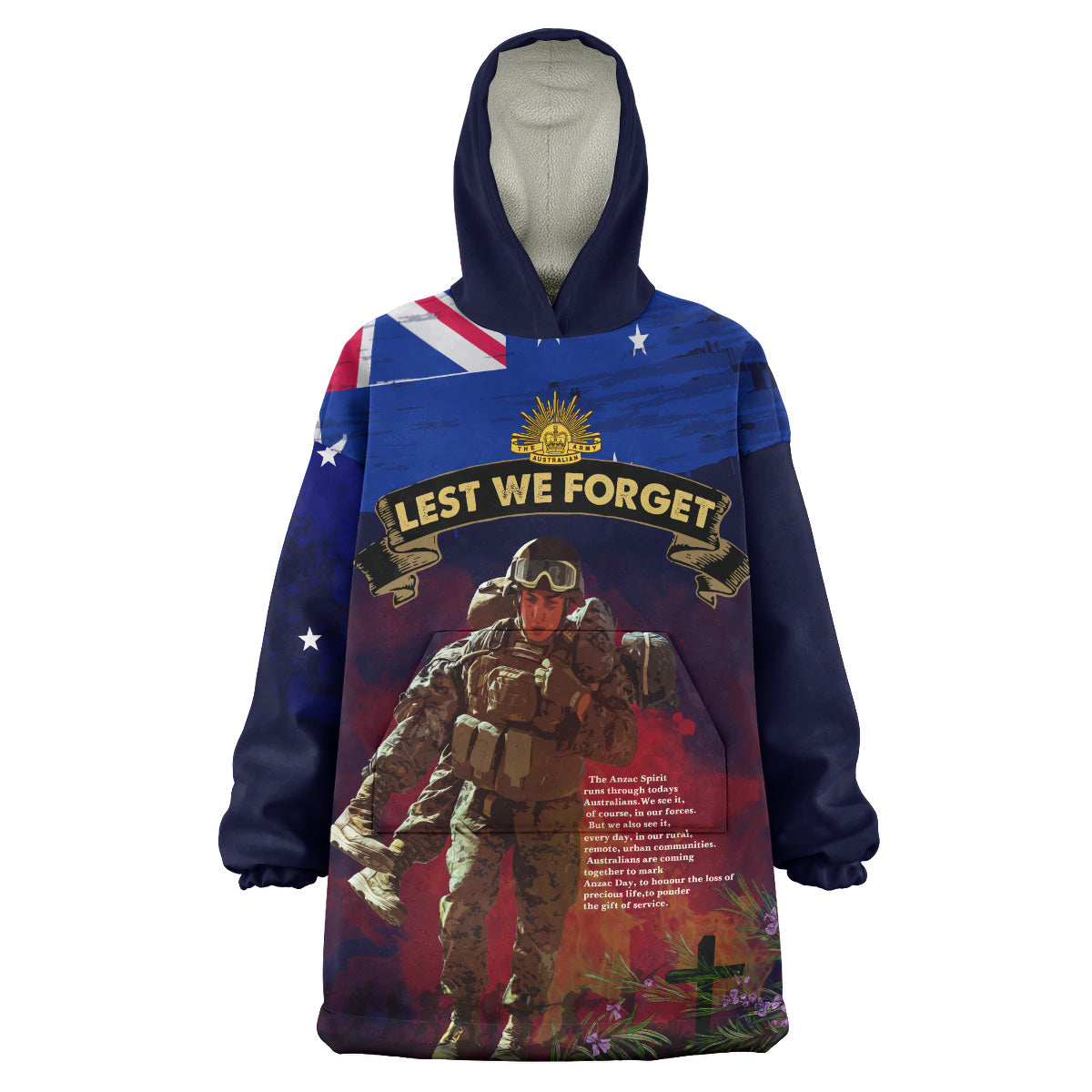 Australia Anzac Day Wearable Blanket Hoodie - Custom Lest We Forget Rosemary Soldier Anzac Spirit Wearable Blanket Hoodie - Vibe Hoodie Shop