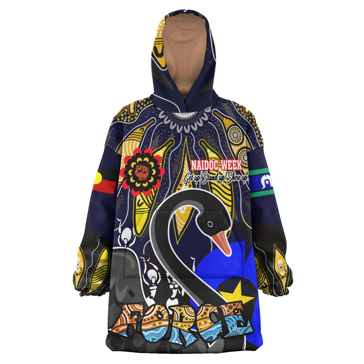 Force Rugby Snug Hoodie - Celebrate Naidoc Week "Get up! Stand up! Show up!" Black Swan With Aboriginal Patterns Wearable Blanket Hoodie RLT14 - Vibe Hoodie Shop