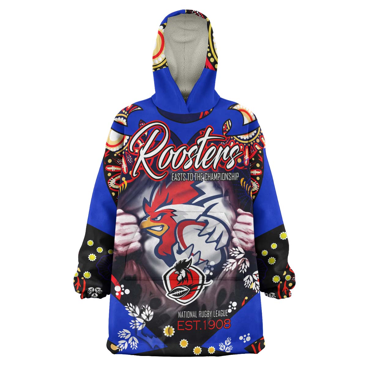 Roosters Rugby Snug Hoodie - Custom Personalised Roosters "Easts To The Championship" Aboriginal Player And Number Hoodie - Vibe Hoodie Shop