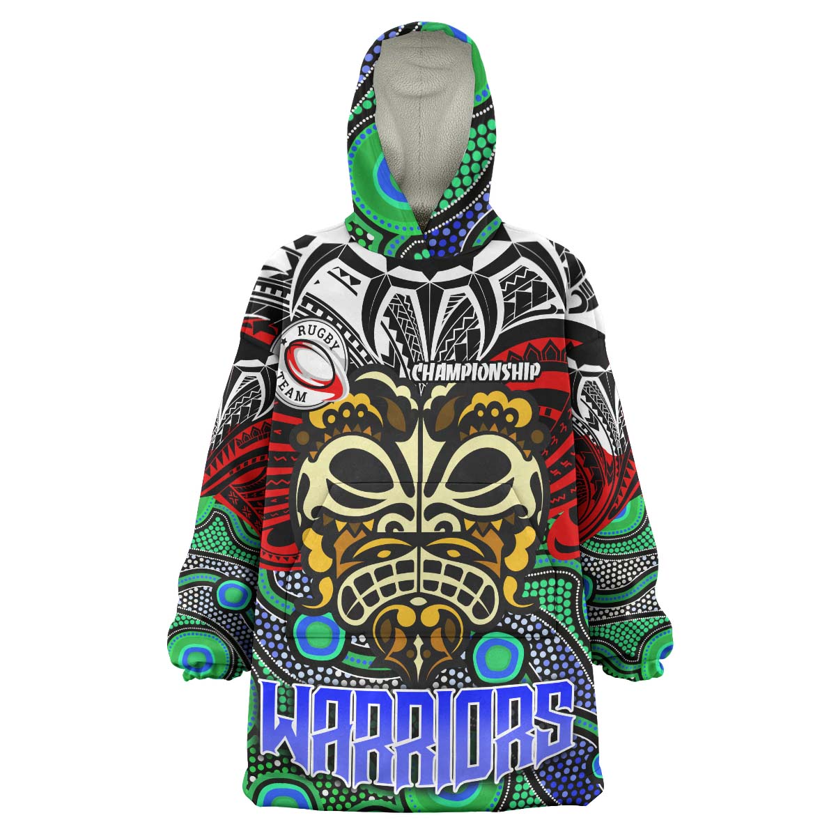 Warriors Rugby Snug Hoodie - Custom Maori Mask Warriors with Polynesian Pattern Player And Number Wearable Blanket Hoodie - Vibe Hoodie Shop