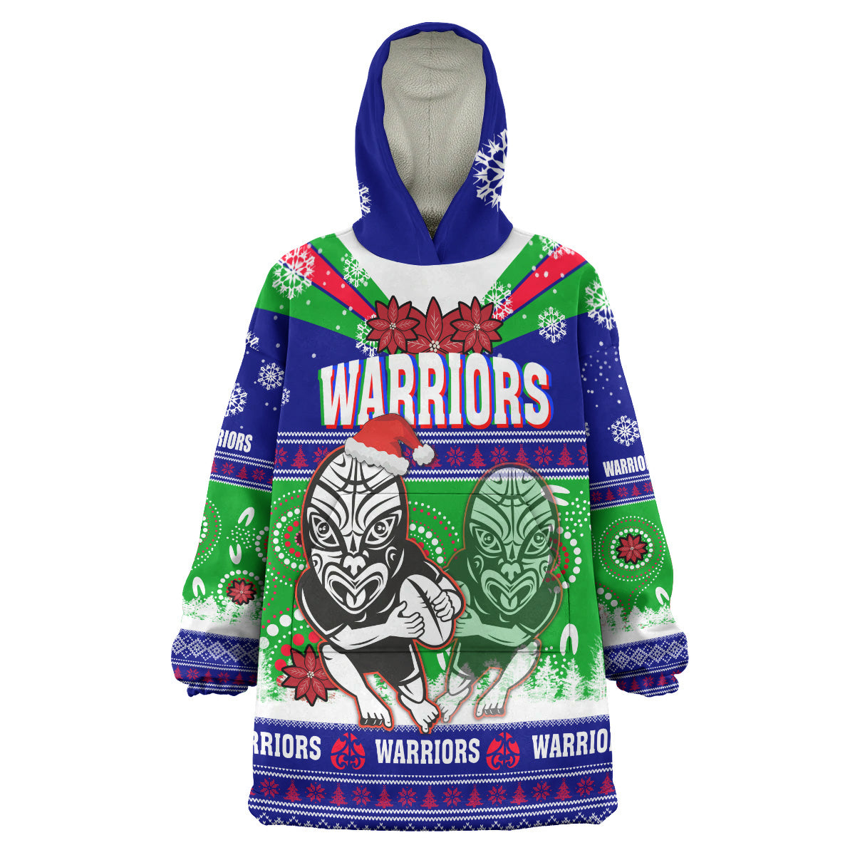 Warriors Rugby Christmas Snug Hoodie - Custom Warriors Ugly Christmas And Aboriginal Patterns Wearable Blanket Hoodie - Vibe Hoodie Shop