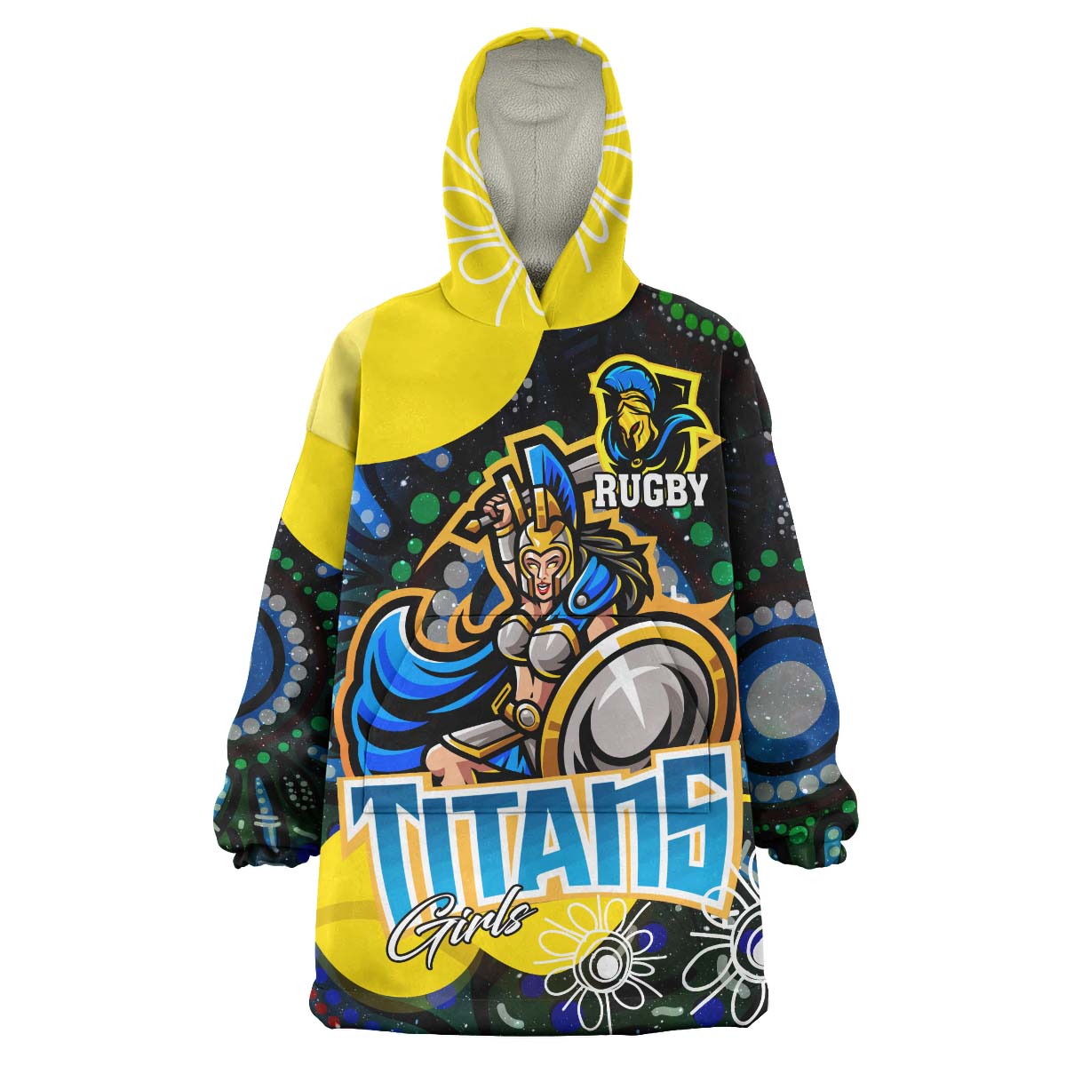 NRLW Titans Rugby Snug Hoodie - Custom Titans Rugby Aboriginal Dot Painting Player And Number Woman Wearable Blanket Hoodie - Vibe Hoodie Shop