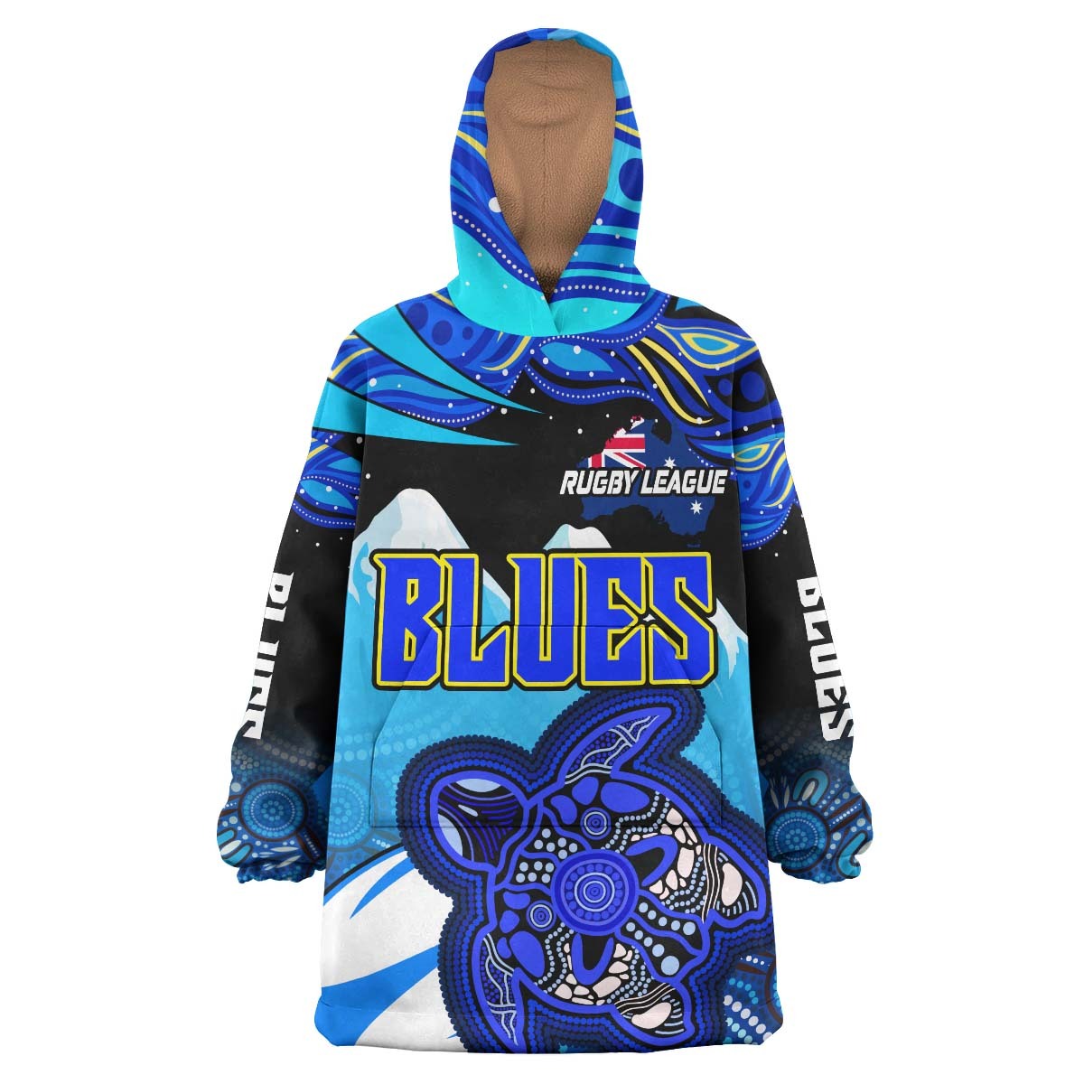 Blues Rugby Snug Hoodie - Blues Rugby League Turtle and Mountain Aboriginal Culture Wearable Blanket Hoodie RLT14 - Vibe Hoodie Shop