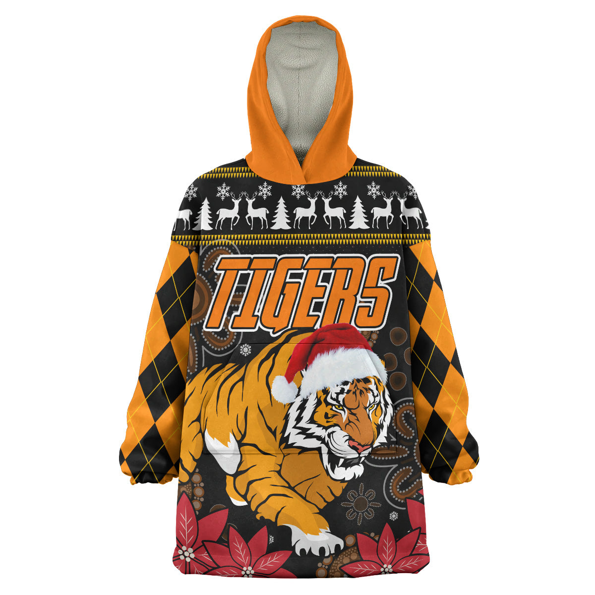 Tigers Rugby Christmas Snug Hoodie - Custom Tigers Merry Christmas Aboriginal Wearable Blanket Hoodie - Vibe Hoodie Shop