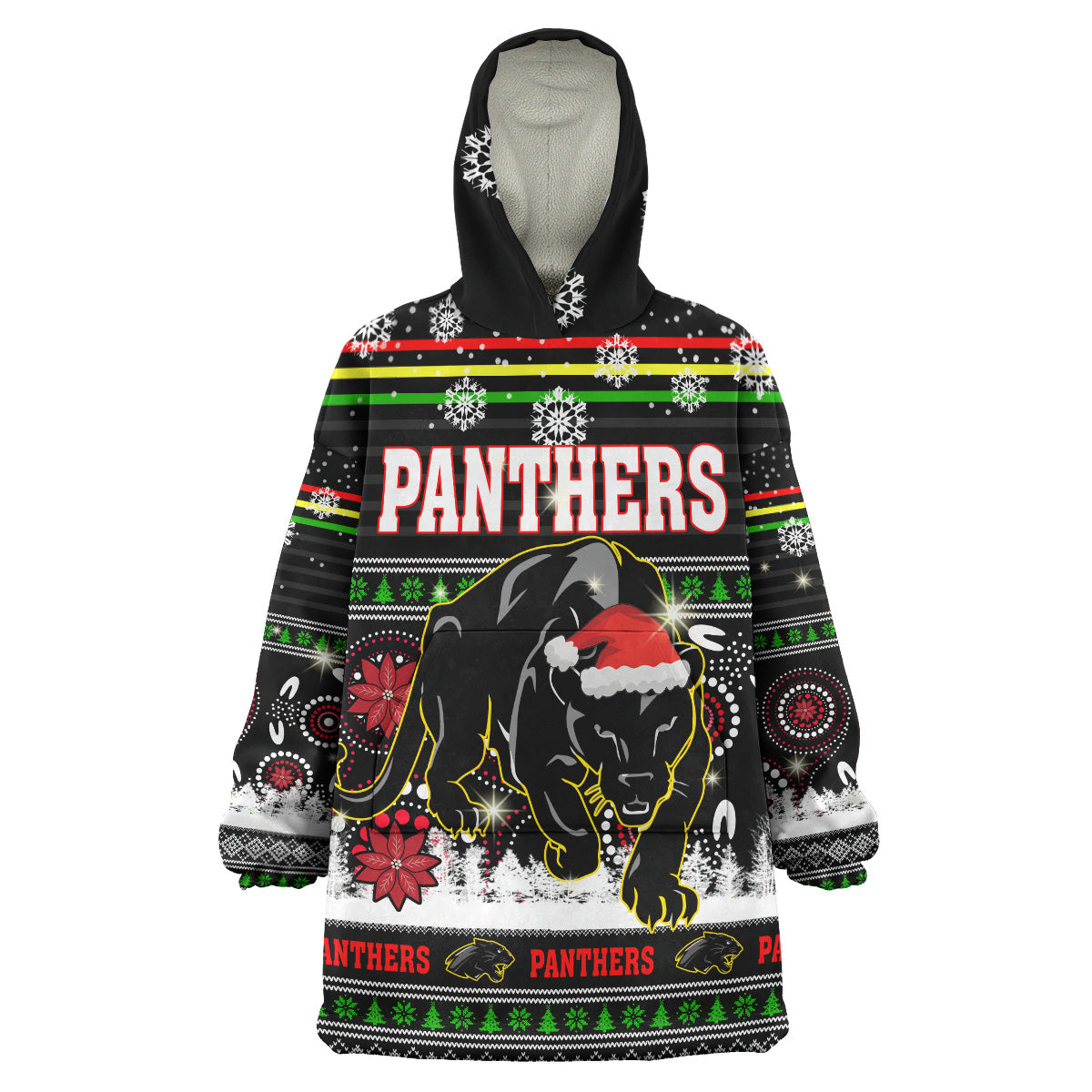 Panthers Rugby Christmas Snug Hoodie - Custom Panthers Ugly Christmas And Aboriginal Patterns Wearable Blanket Hoodie - Vibe Hoodie Shop