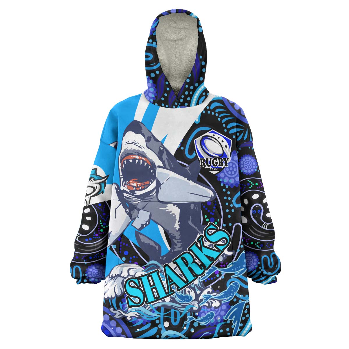 Sharks Rugby Snug Hoodie - Custom Angry Sharks Rugby Team with Aboriginal Dot Painting Player And Number Wearable Blanket Hoodie - Vibe Hoodie Shop