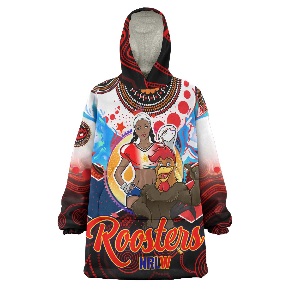 NRLW Roosters Rugby Snug Hoodie - Custom Women's Rugby League with Aboriginal Dot Painting Style Player And Number Wearable Blanket Hoodie - Vibe Hoodie Shop