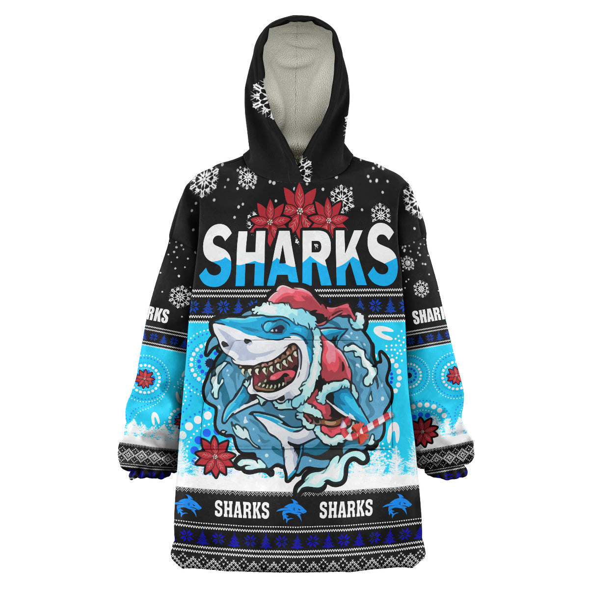 Sharks Rugby Christmas Snug Hoodie - Custom Sharks Ugly Christmas And Aboriginal Patterns Wearable Blanket Hoodie - Vibe Hoodie Shop