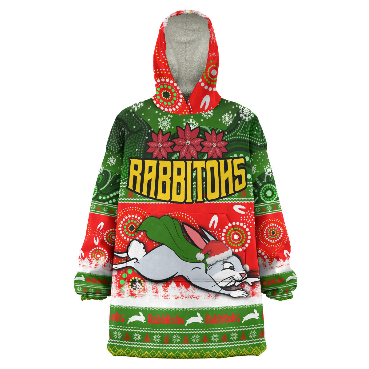 Rabbitohs Rugby Christmas Snug Hoodie - Custom Rabbitohs Ugly Christmas And Aboriginal Patterns Wearable Blanket Hoodie - Vibe Hoodie Shop
