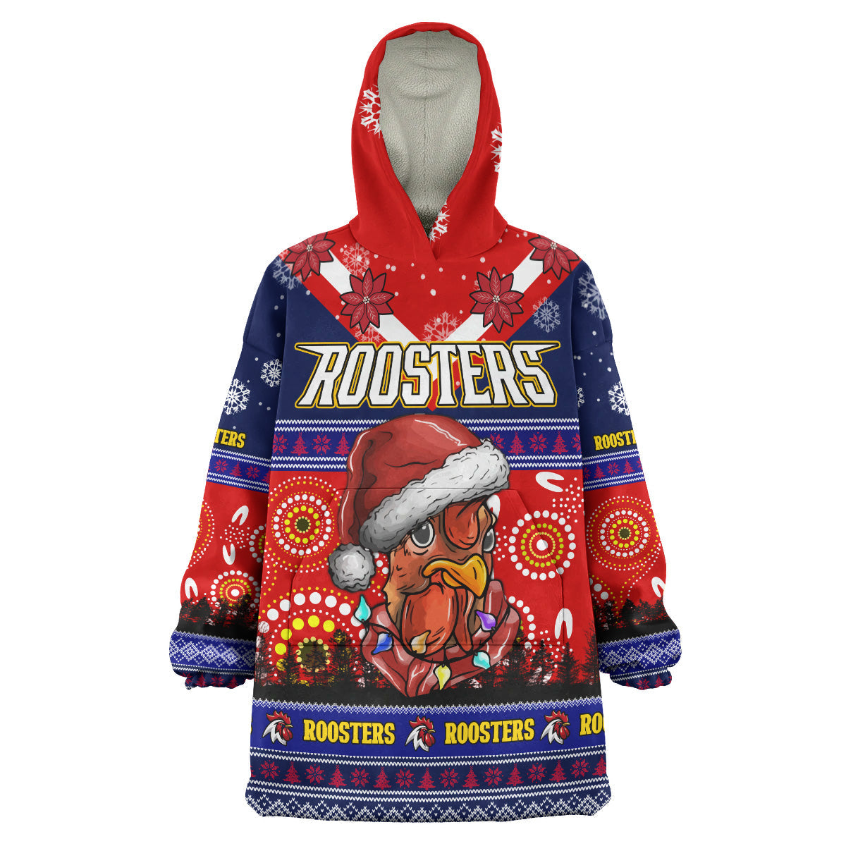 Roosters Rugby Christmas Snug Hoodie - Custom Roosters Ugly Christmas And Aboriginal Patterns Wearable Blanket Hoodie - Vibe Hoodie Shop