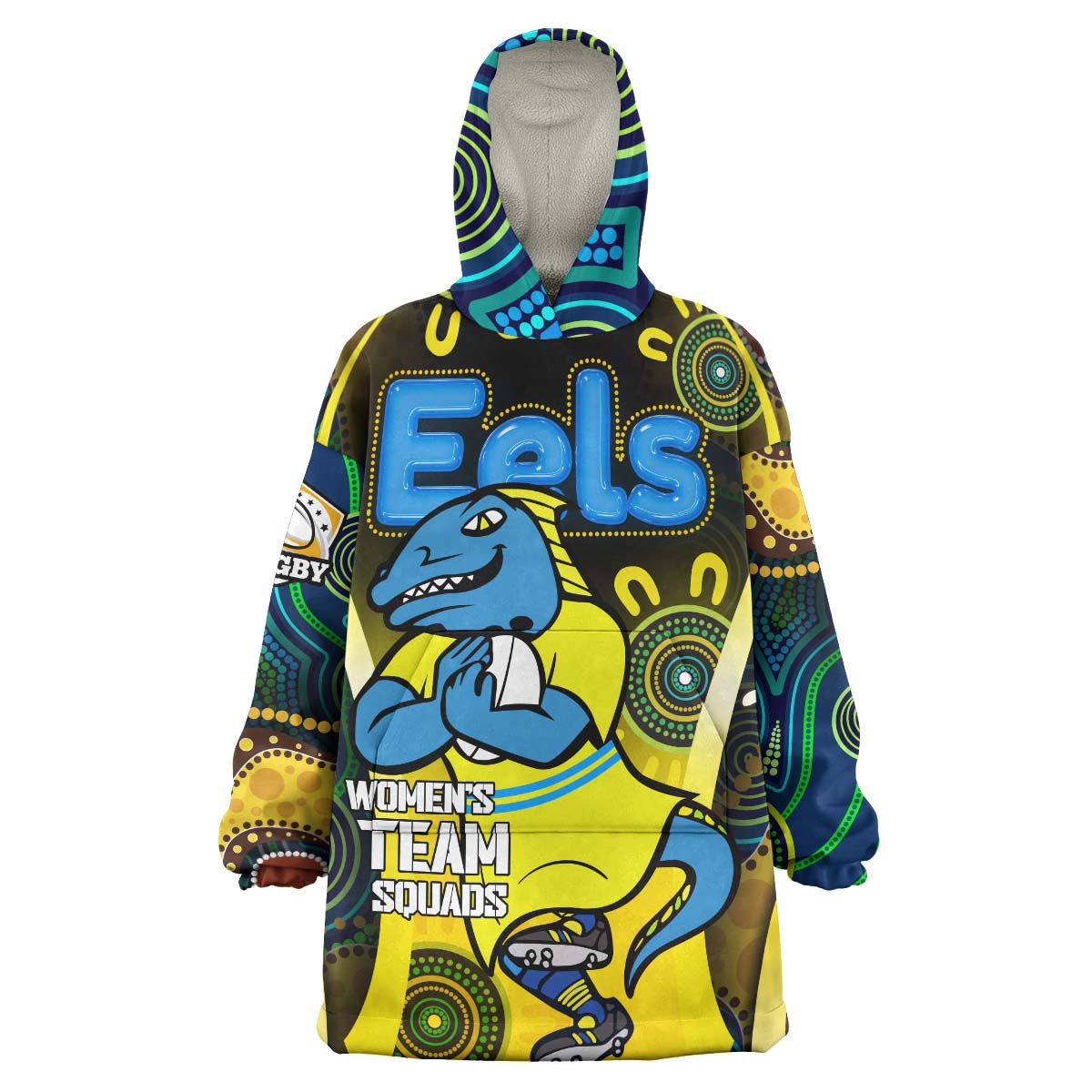 NRLW Eels Rugby Snug Hoodie - Custom Eels Women's Rugby League with Aboriginal Dot Painting Player And Number Wearable Blanket Hoodie - Vibe Hoodie Shop