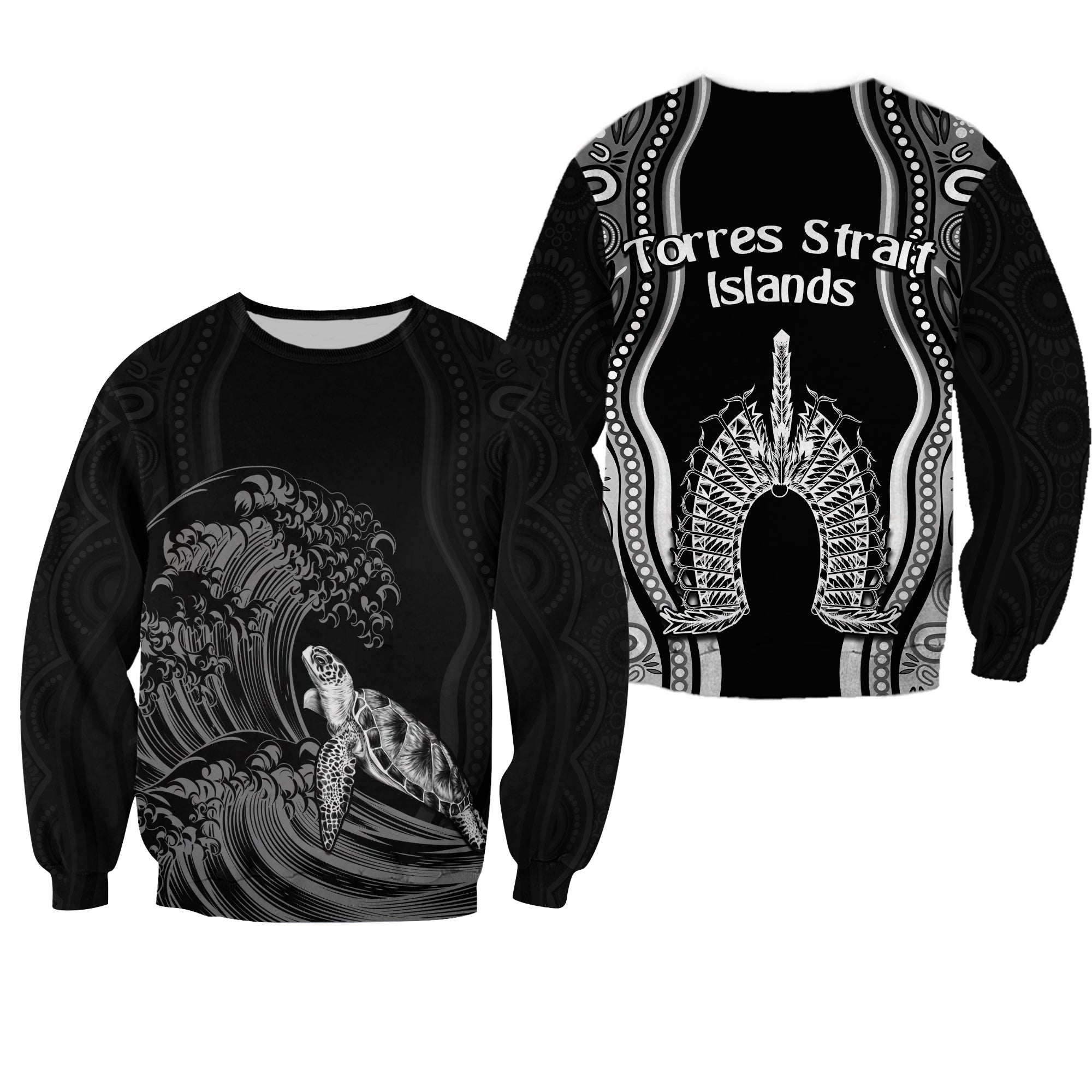 Torres Strait Islands Sweatshirt The Dhari Mix Aboriginal Turtle Version Black - Vibe Hoodie Shop