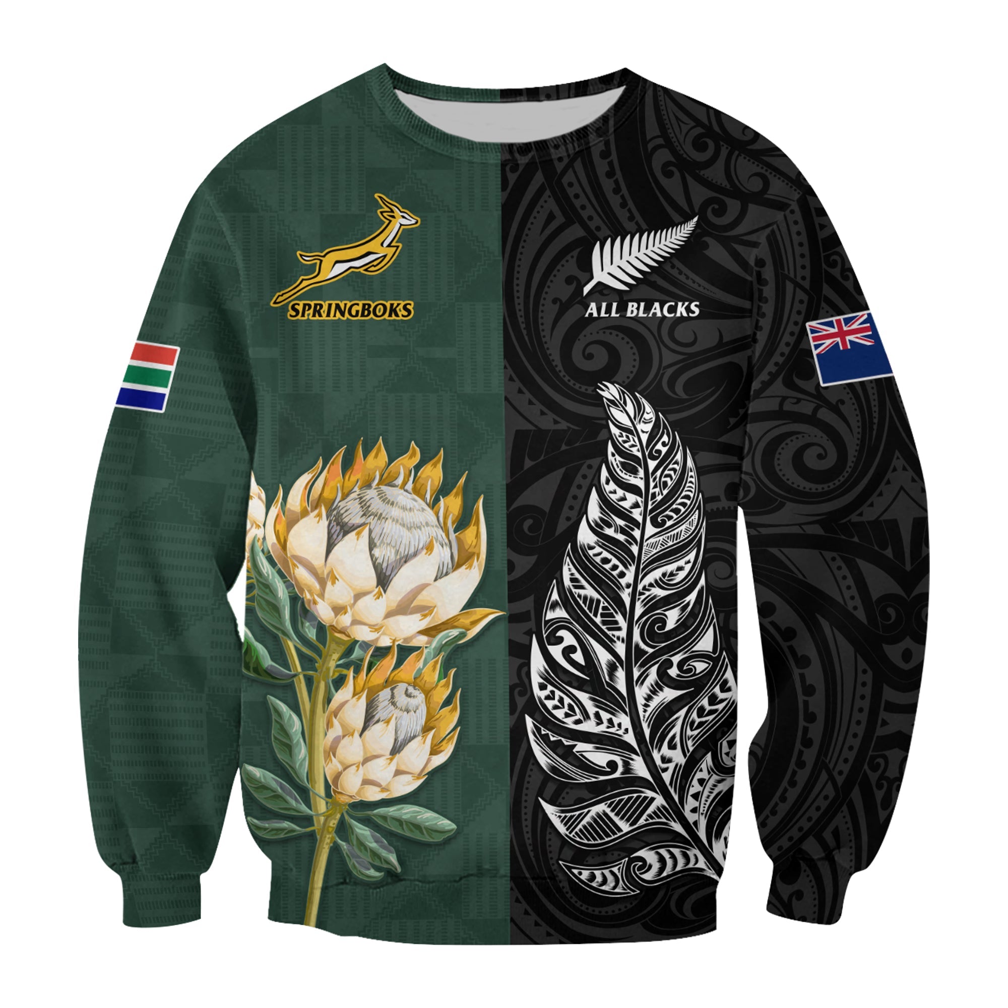 South Africa Protea and New Zealand Fern Sweatshirt Rugby Go Springboks vs All Black - Vibe Hoodie Shop
