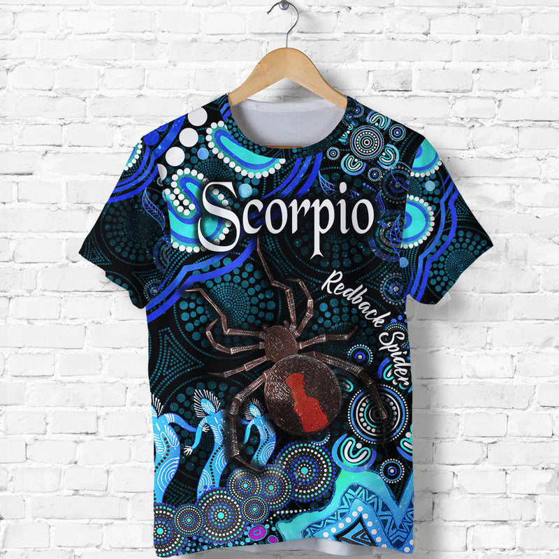 (Custom Personalised) Australian Astrology T Shirt Scorpio Redback Spider Zodiac Aboriginal Vibes - Blue - Vibe Hoodie Shop