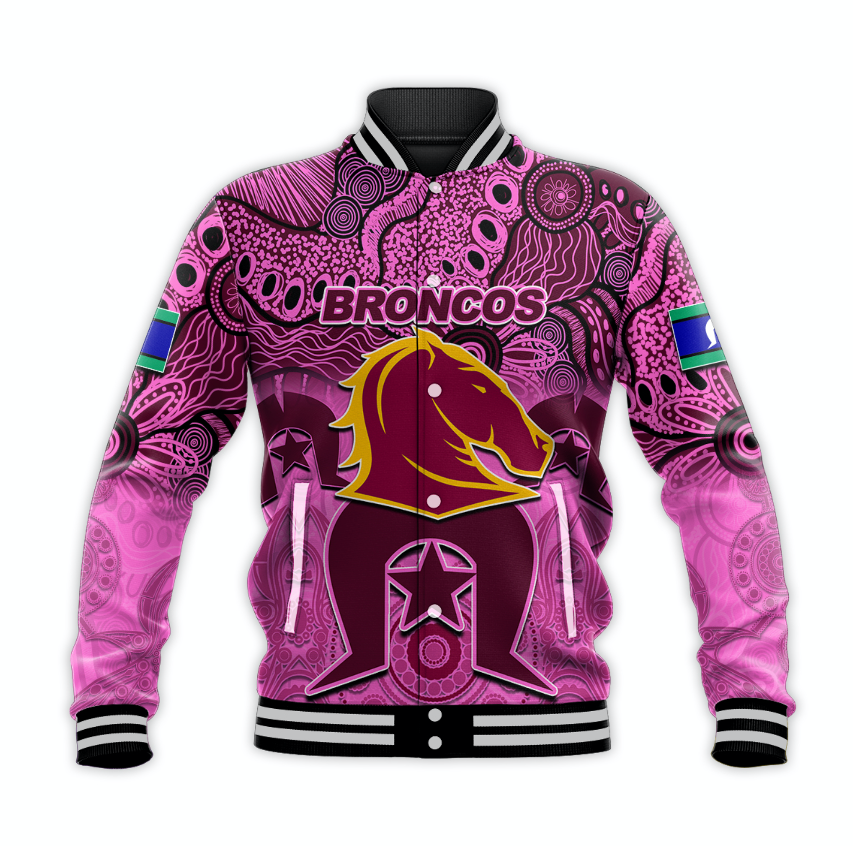 (Custom Personalised) Broncos Torres Strait Islanders Mix Aboriginal Baseball Jacket Pink Style - Vibe Hoodie Shop