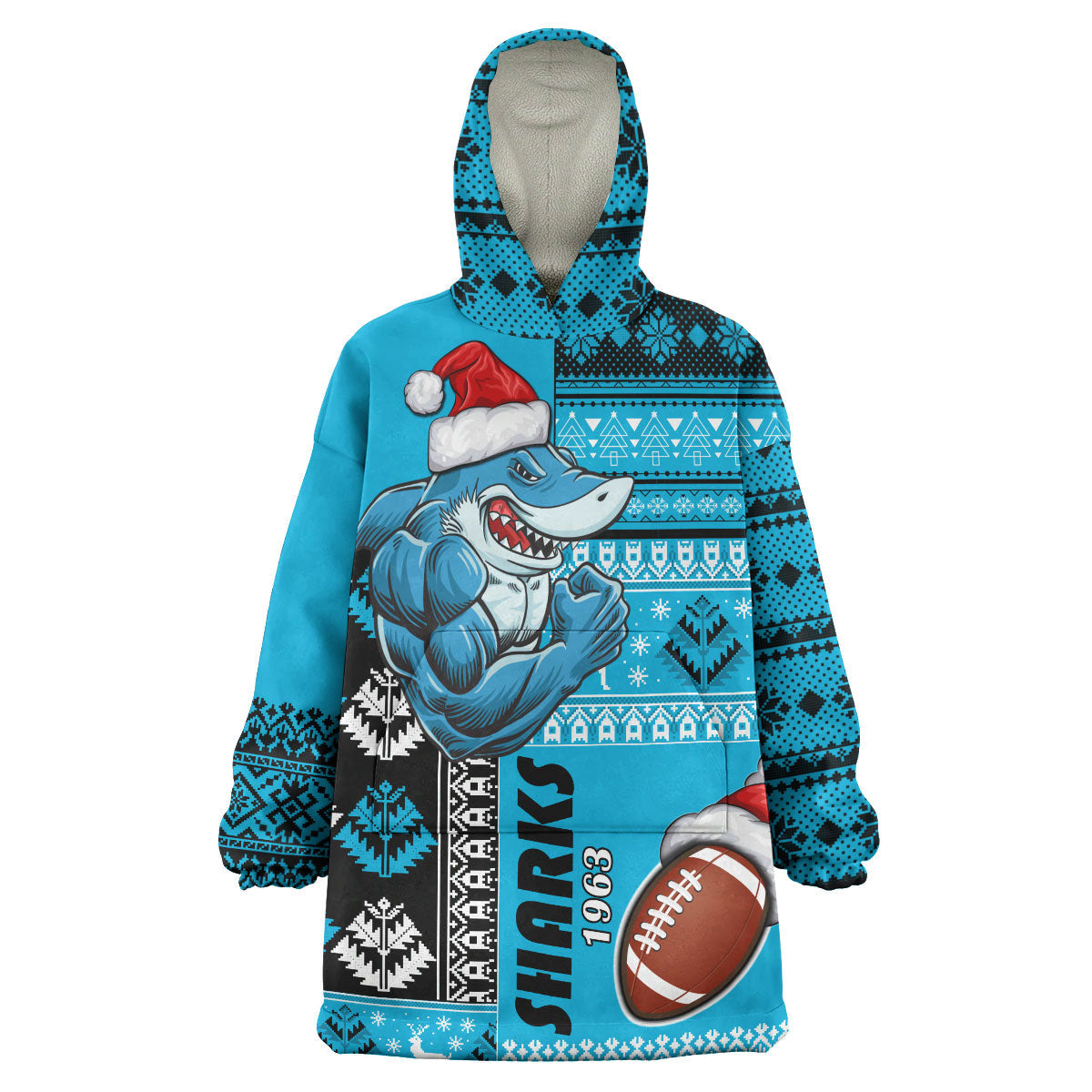 Sharks Rugby Snug Hoodie - Custom Christmas Snowflakes Sharks Mascot Wearable Blanket Hoodie - Vibe Hoodie Shop