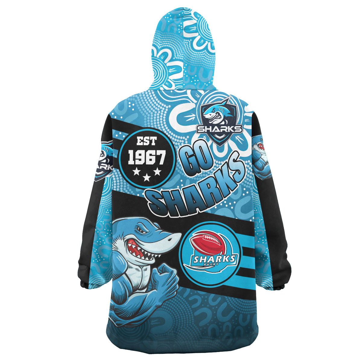 Sharks Rugby Snug Hoodie - Custom Rugby Ball GO SHARKS Aboriginal Patterns Wearable Blanket Hoodie - Vibe Hoodie Shop