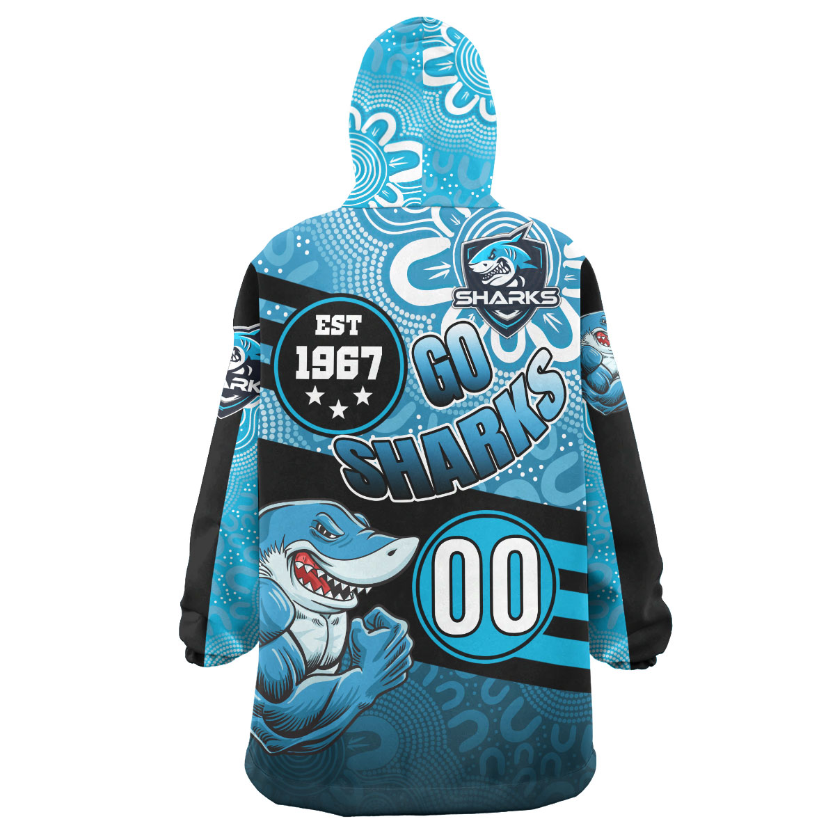 Sharks Rugby Snug Hoodie - Custom Rugby Ball GO SHARKS Aboriginal Patterns Wearable Blanket Hoodie - Vibe Hoodie Shop