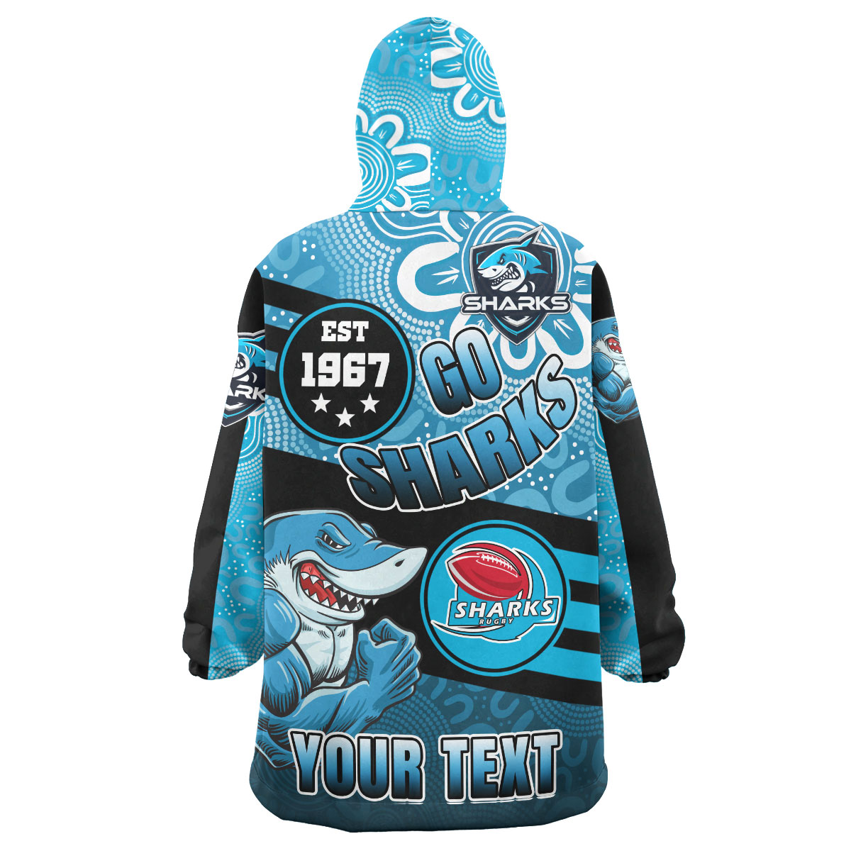 Sharks Rugby Snug Hoodie - Custom Rugby Ball GO SHARKS Aboriginal Patterns Wearable Blanket Hoodie - Vibe Hoodie Shop