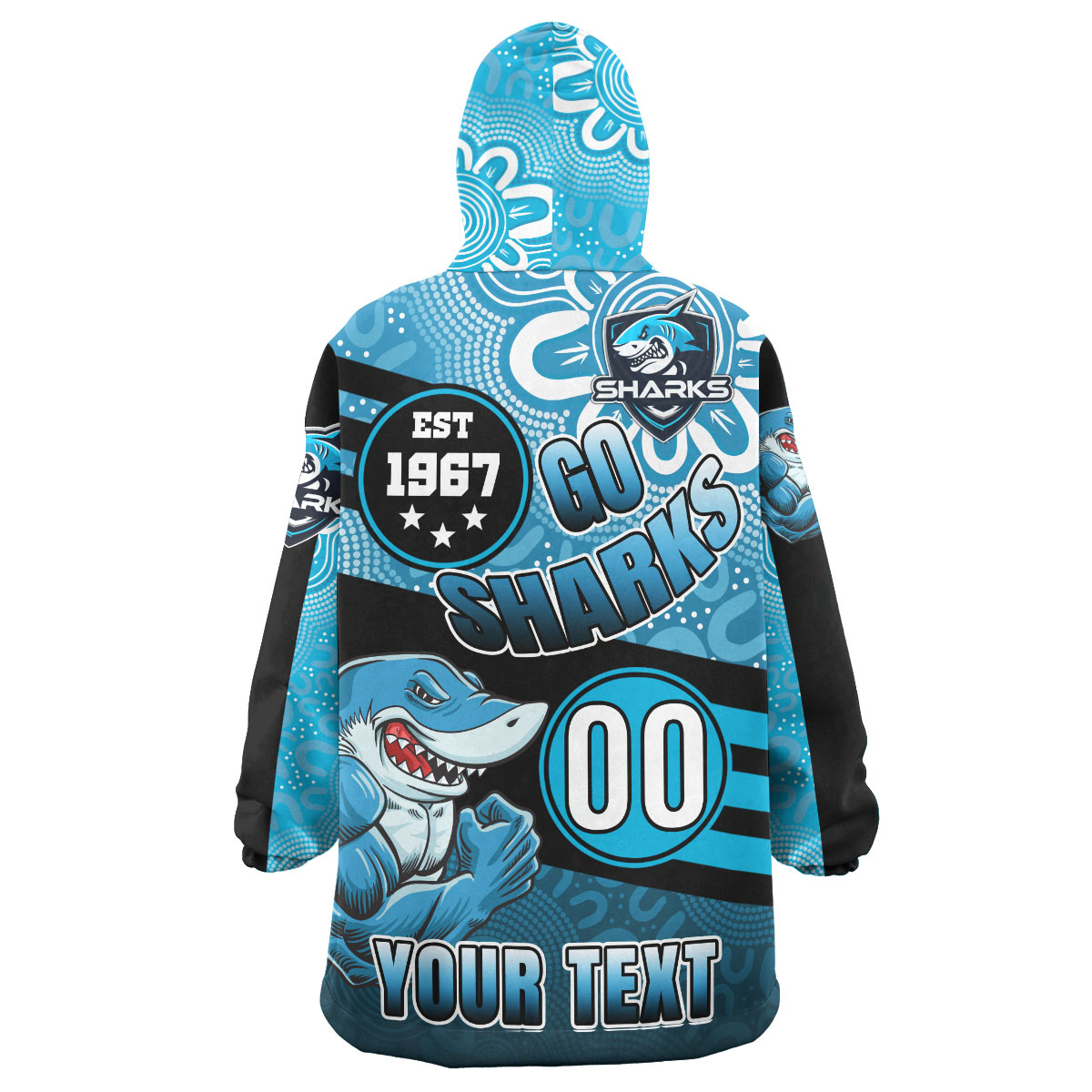Sharks Rugby Snug Hoodie - Custom Rugby Ball GO SHARKS Aboriginal Patterns Wearable Blanket Hoodie - Vibe Hoodie Shop
