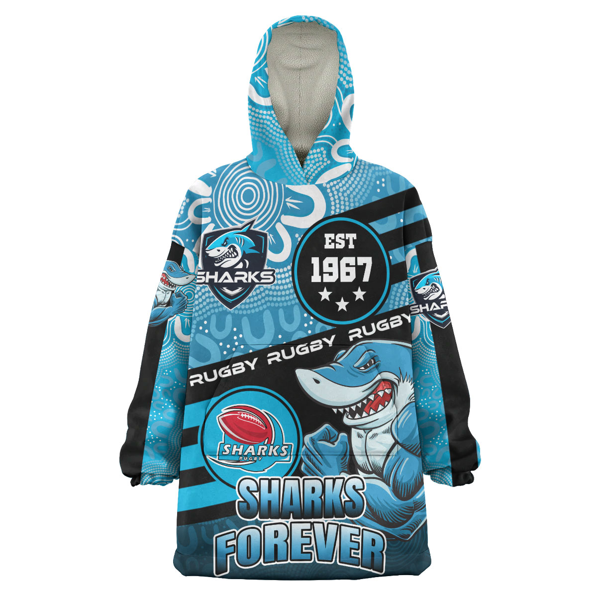 Sharks Rugby Snug Hoodie - Custom Rugby Ball GO SHARKS Aboriginal Patterns Wearable Blanket Hoodie - Vibe Hoodie Shop
