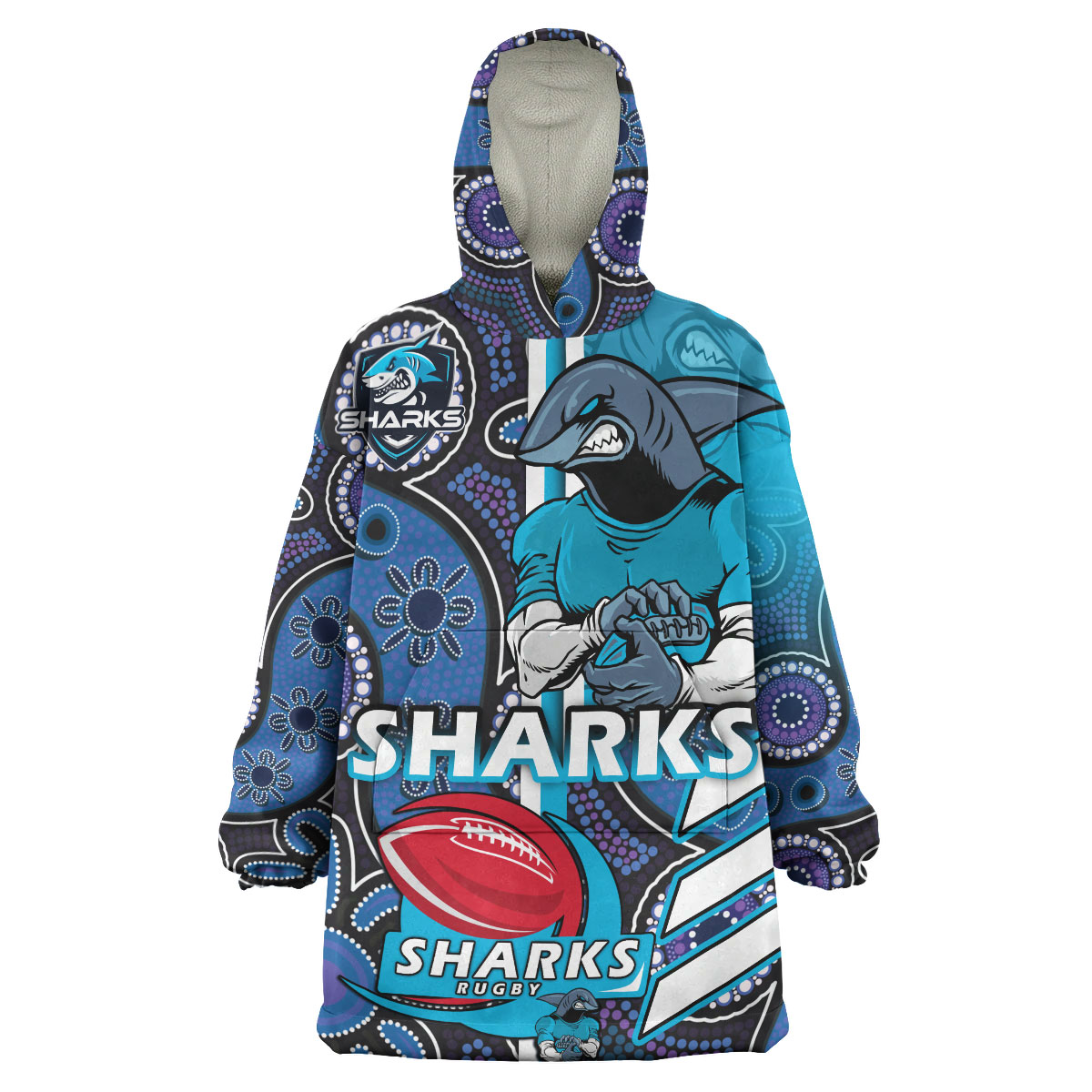 Sharks Rugby Snug Hoodie - Custom Sharks Rugby Ball Aboriginal Indigenous Sport Style Wearable Blanket Hoodie - Vibe Hoodie Shop