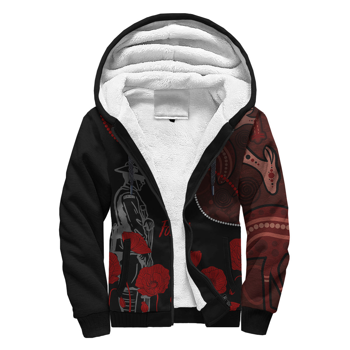 Australia ANZAC Day Sherpa Hoodie Aboriginal Art With Poppies - Vibe Hoodie Shop