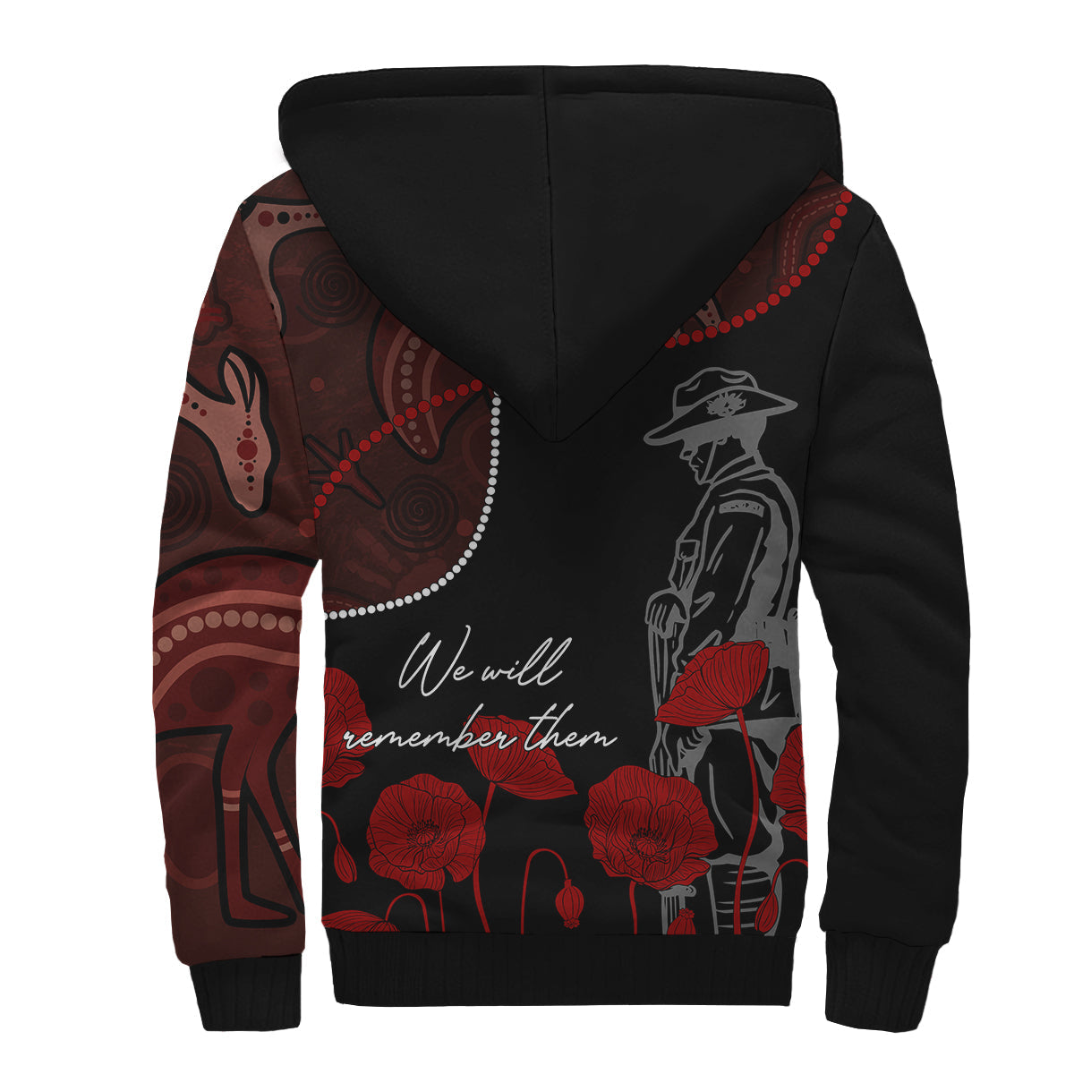 Australia ANZAC Day Sherpa Hoodie Aboriginal Art With Poppies - Vibe Hoodie Shop