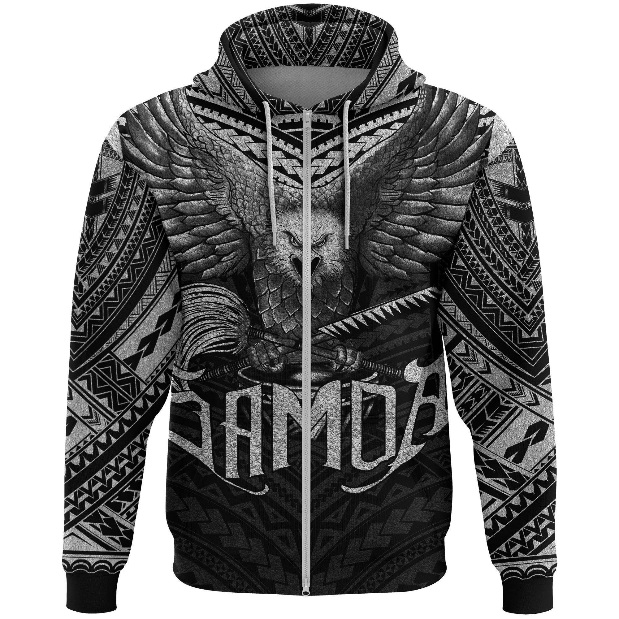 American Samoa Zip Hoodie Eagle Tattoo Style Silver - Vibe Hoodie Shop