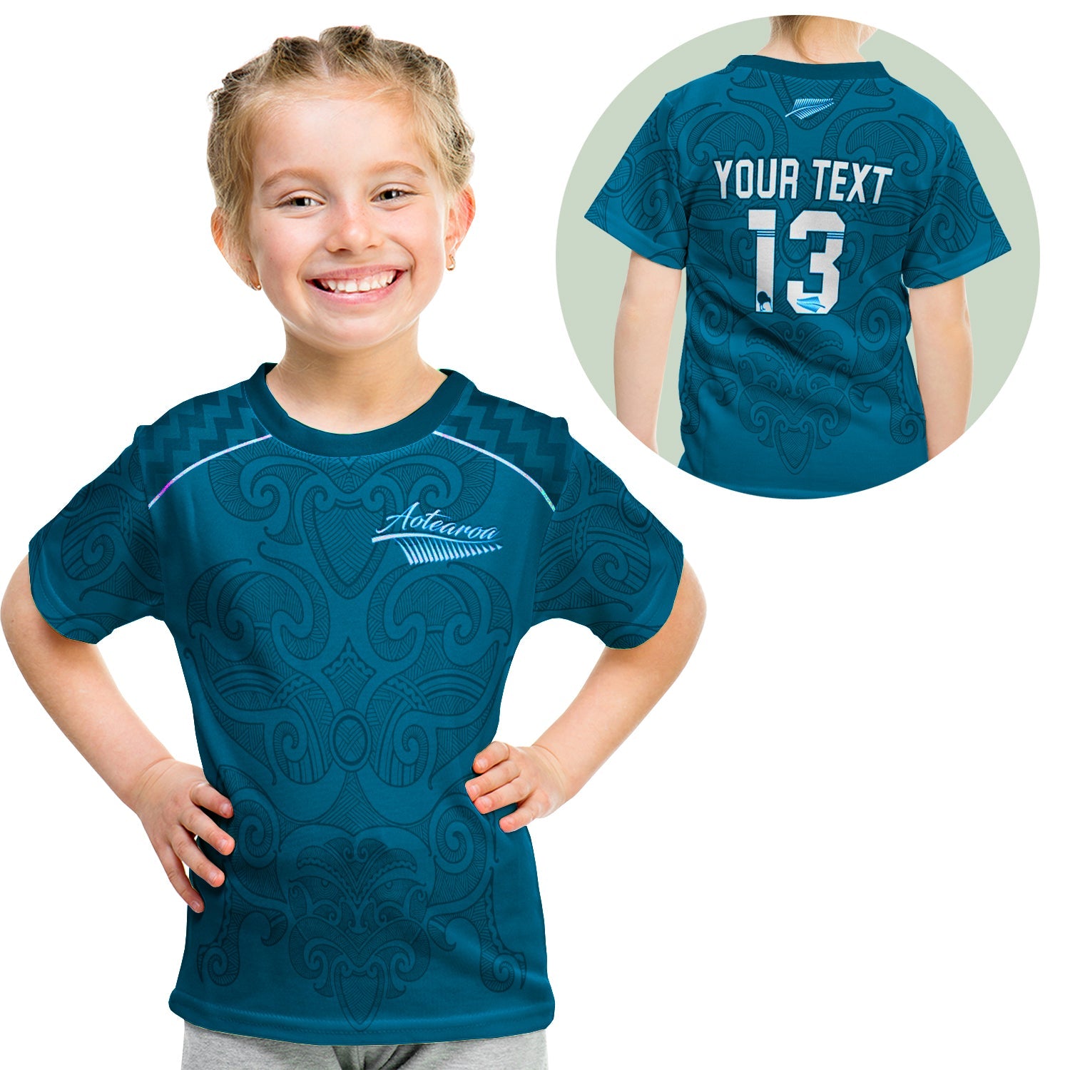 (Custom Personalised) Maori 2021 T shirt KID - Turquoise Aotearoa Tattoo - Custom Text and Number - Vibe Hoodie Shop