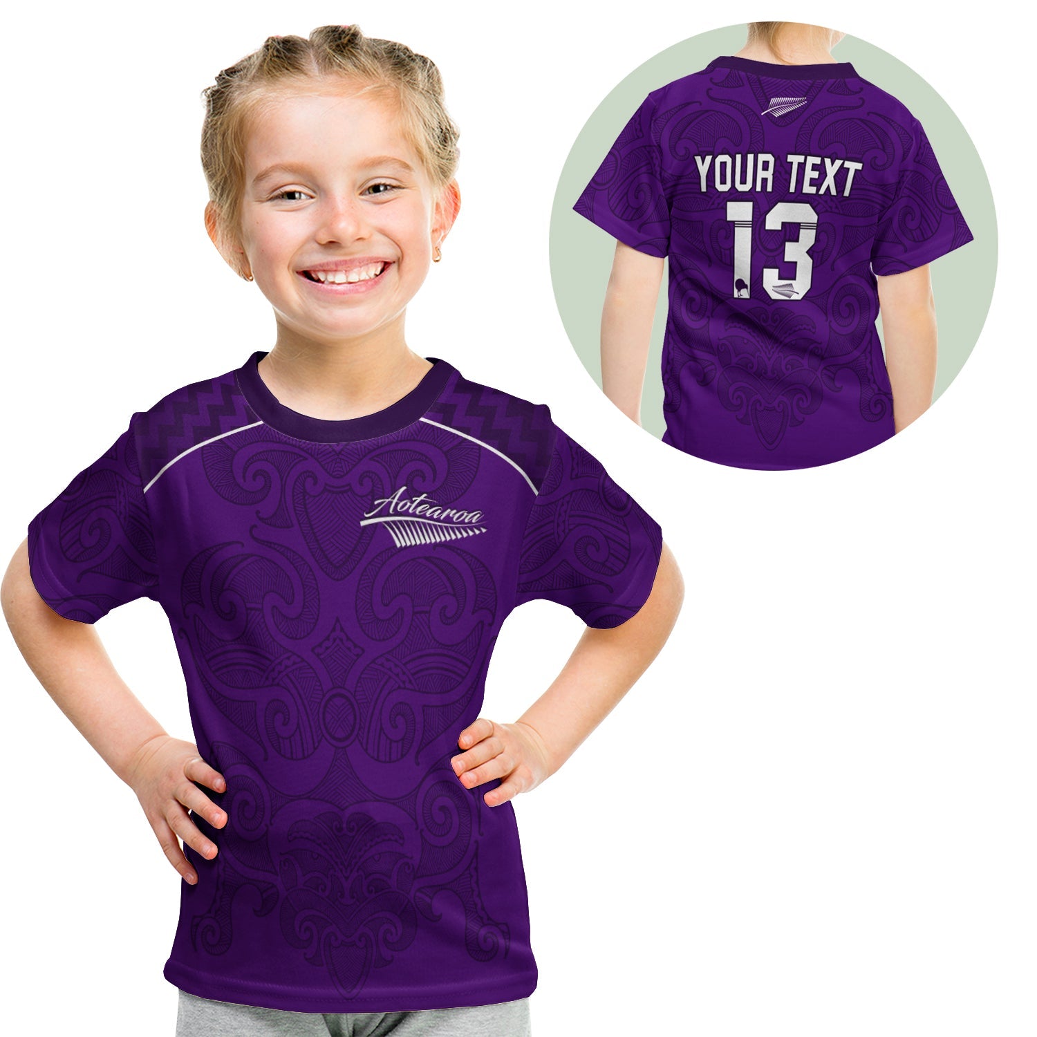 (Custom Personalised) Maori 2021 T shirt KID - Purple Aotearoa Tattoo - Custom Text and Number - Vibe Hoodie Shop