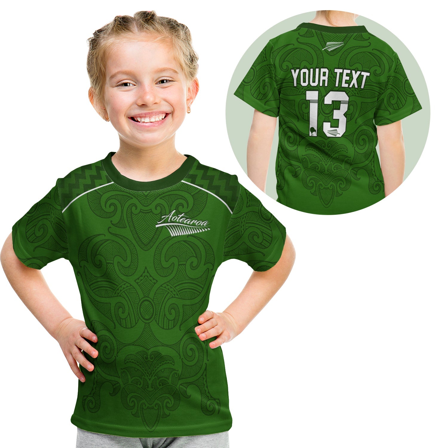 (Custom Personalised) Maori 2021 T shirt KID - Green Aotearoa Tattoo - Custom Text and Number - Vibe Hoodie Shop