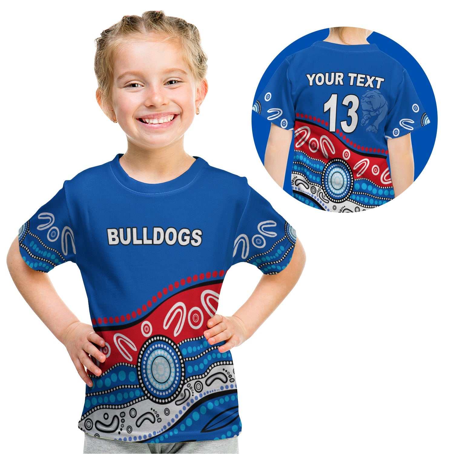 (Custom Personalised) Bulldogs Indigenous T shirt KID Western - Custom Text and Number - Vibe Hoodie Shop