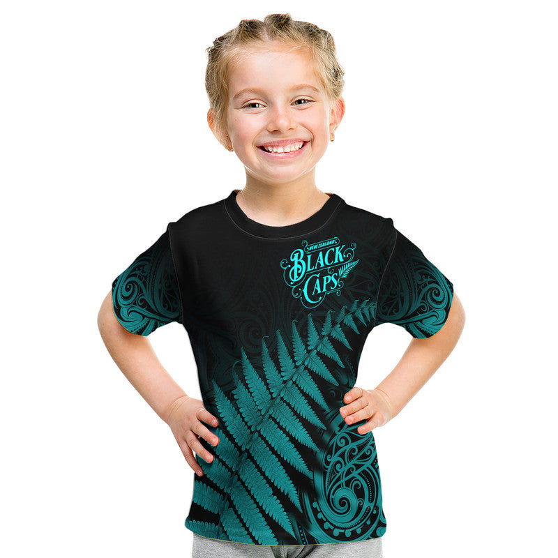 (Custom Personalised) New Zealand Kiwis Cricket Team T Shirt Black Caps Silver Fern Mixed Maori Pattern Version Turquoise LT9 - Vibe Hoodie Shop