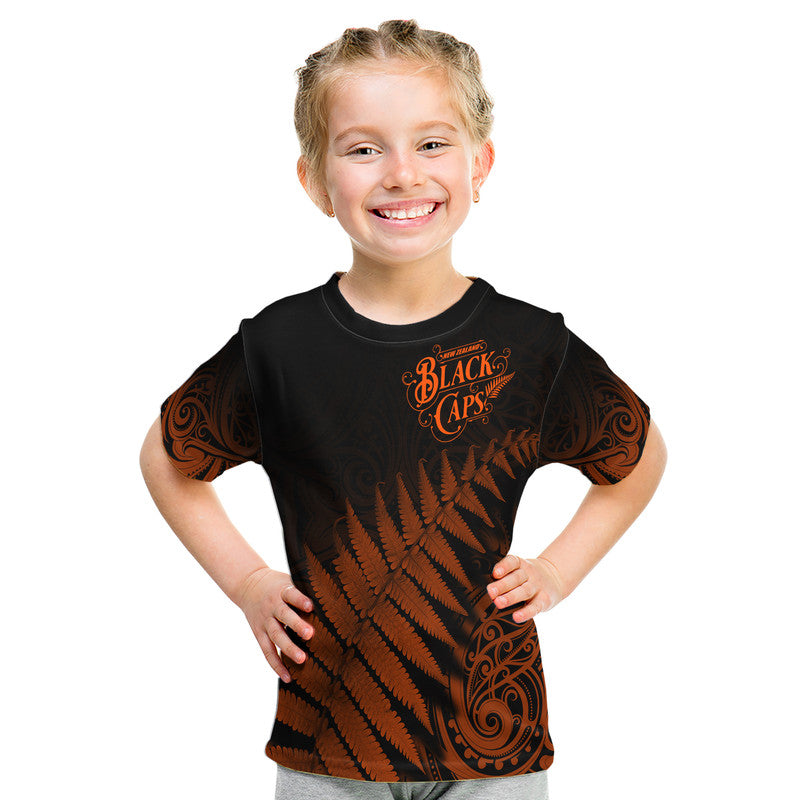 New Zealand Kiwis Cricket Team T Shirt Black Caps Silver Fern Mixed Maori Pattern Version Orange LT9 - Vibe Hoodie Shop